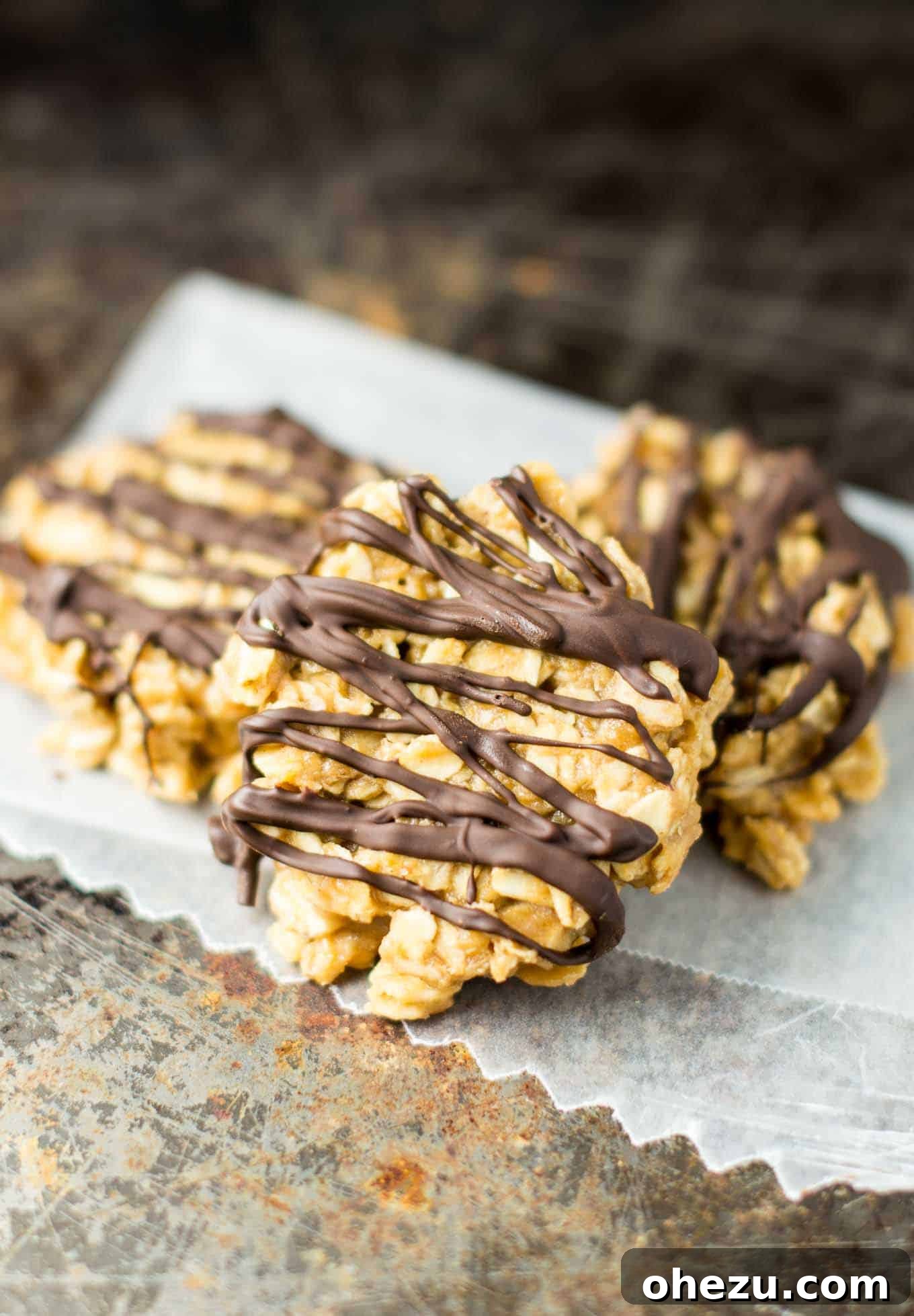 Wholesome Peanut Butter No-Bake Treats 7 A hand gracefully holding a healthy peanut butter no bake cookie with chocolate drizzle, emphasizing its inviting appearance