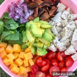 Finished Chicken Avocado BLT Pasta Salad in a serving bowl