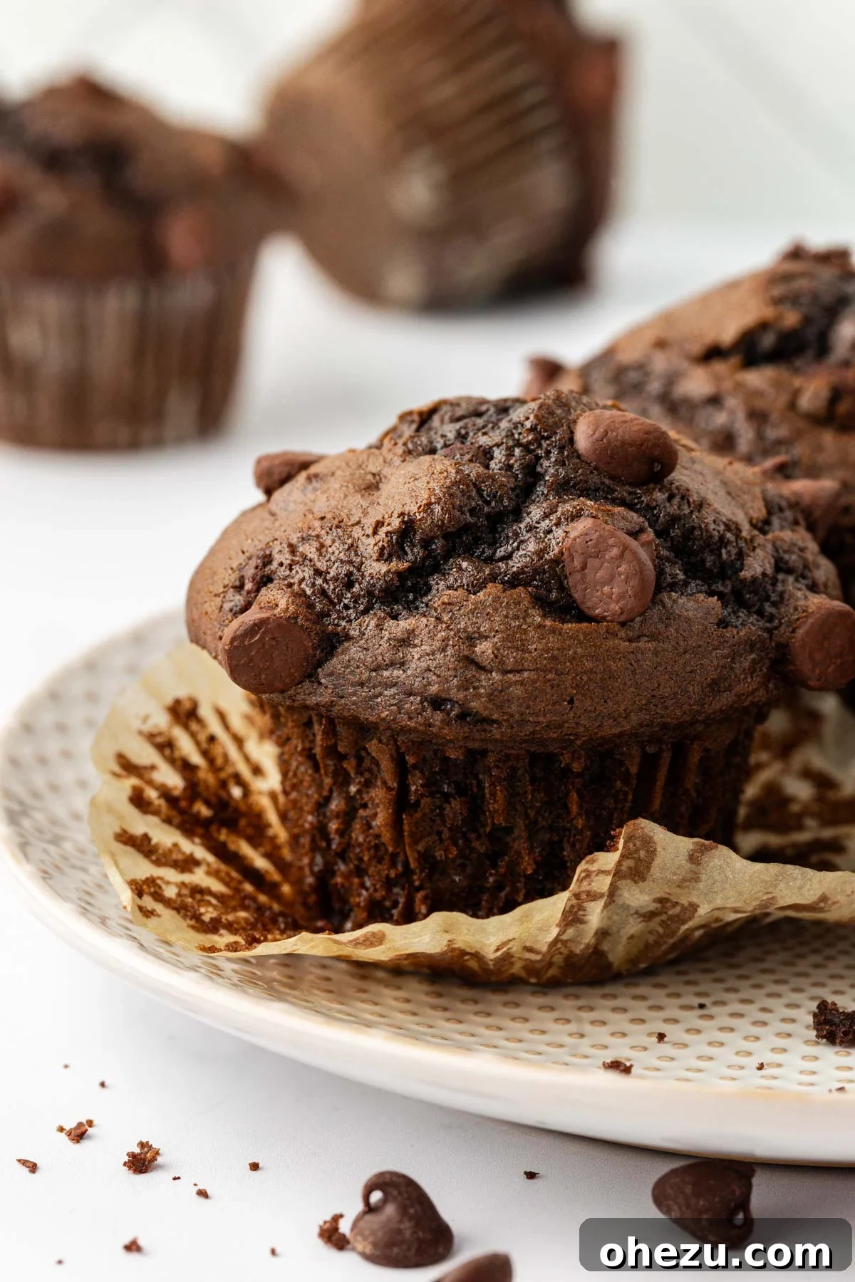 Decadent double chocolate muffin on a white plate, ready to be enjoyed.