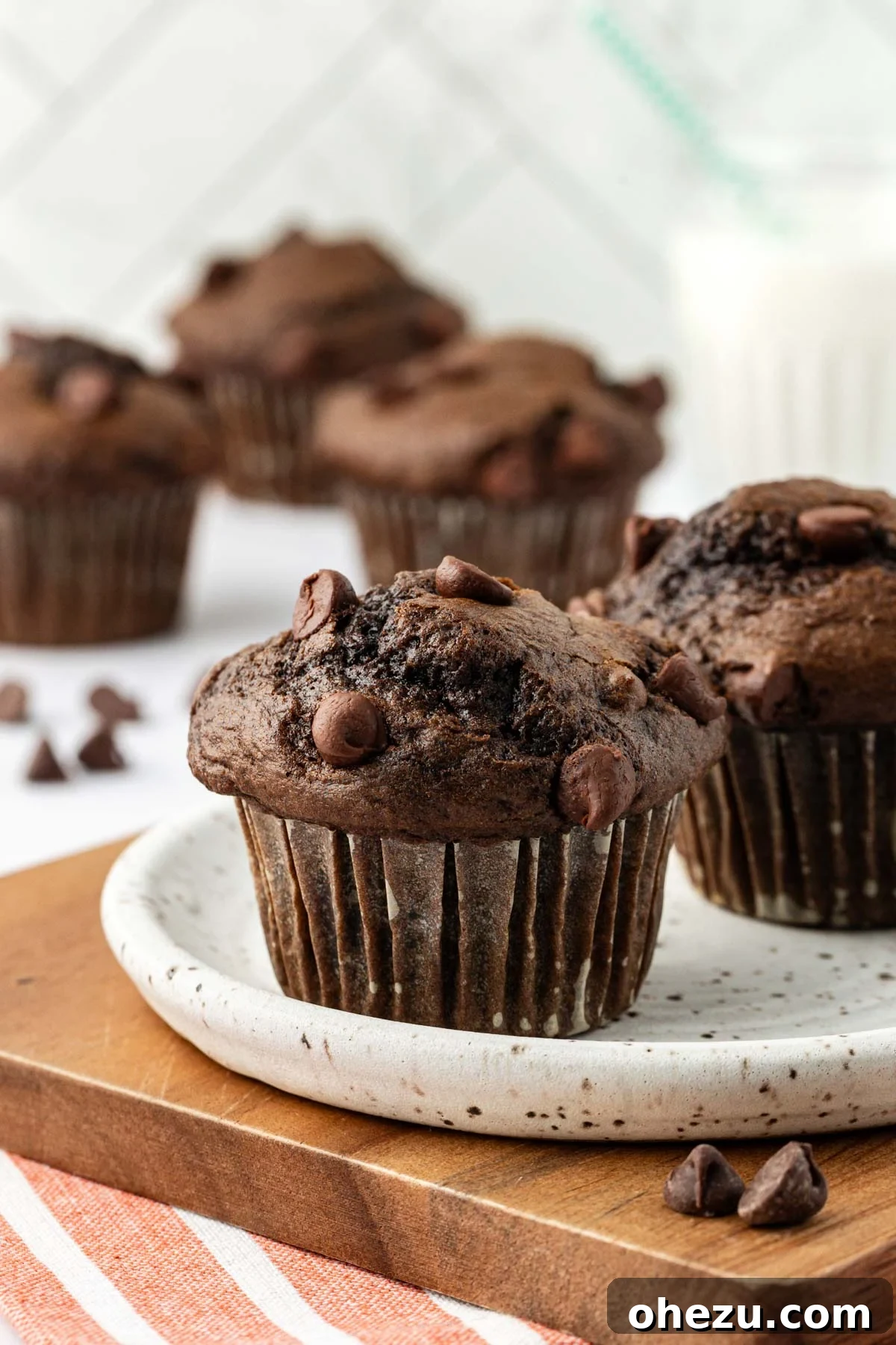 Another appealing shot of a double chocolate muffin on a white plate, showcasing its rich texture.