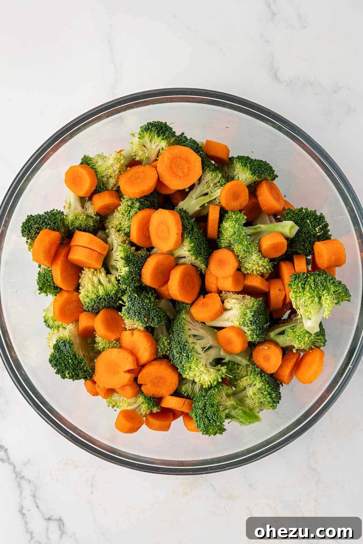 Prepped broccoli florets and sliced carrots gathered in a large mixing bowl, awaiting the seasoning.