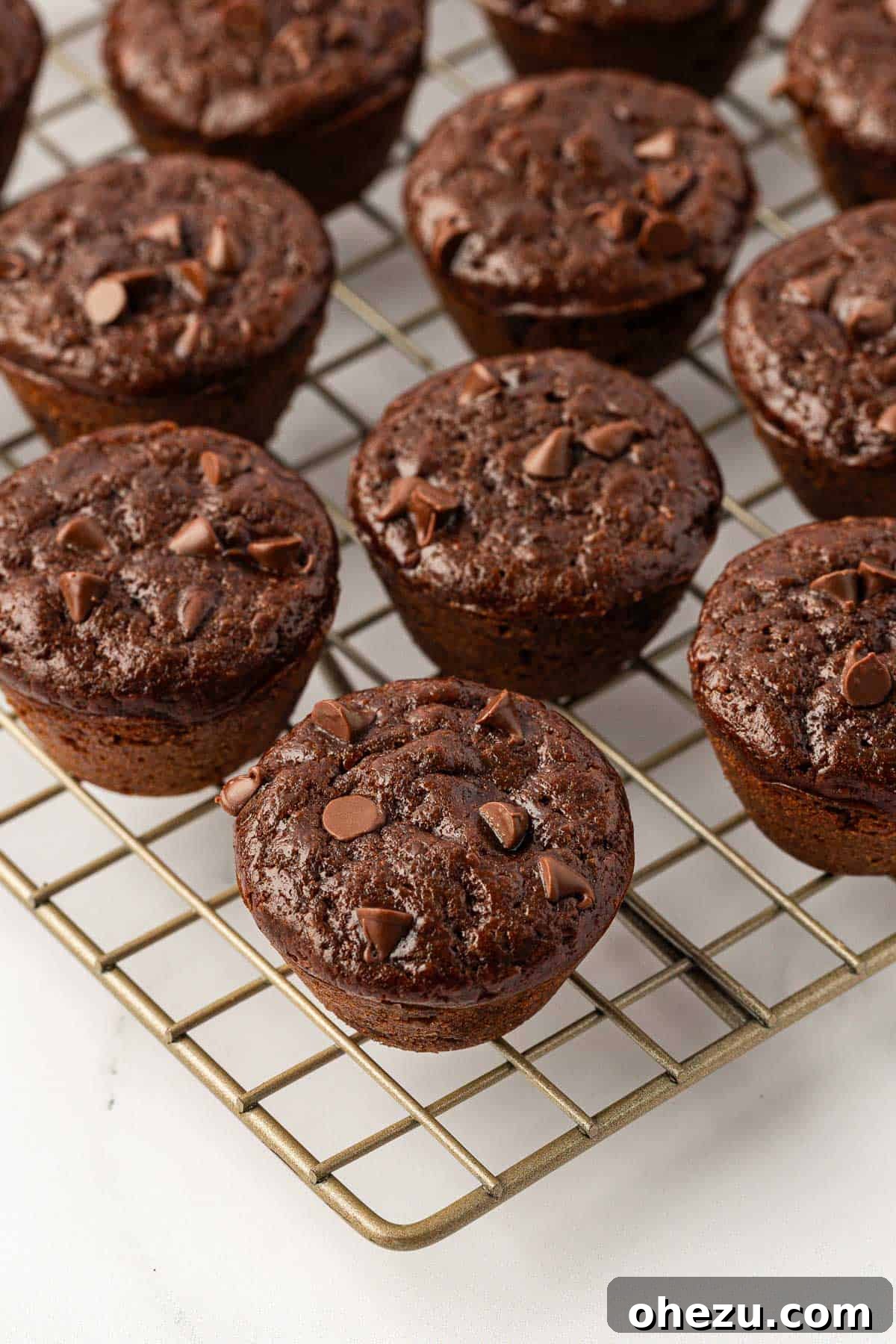 Nourishing Chocolate Mufflets 15 Freshly baked chocolate mini muffins cooling on a wire rack, steam gently rising