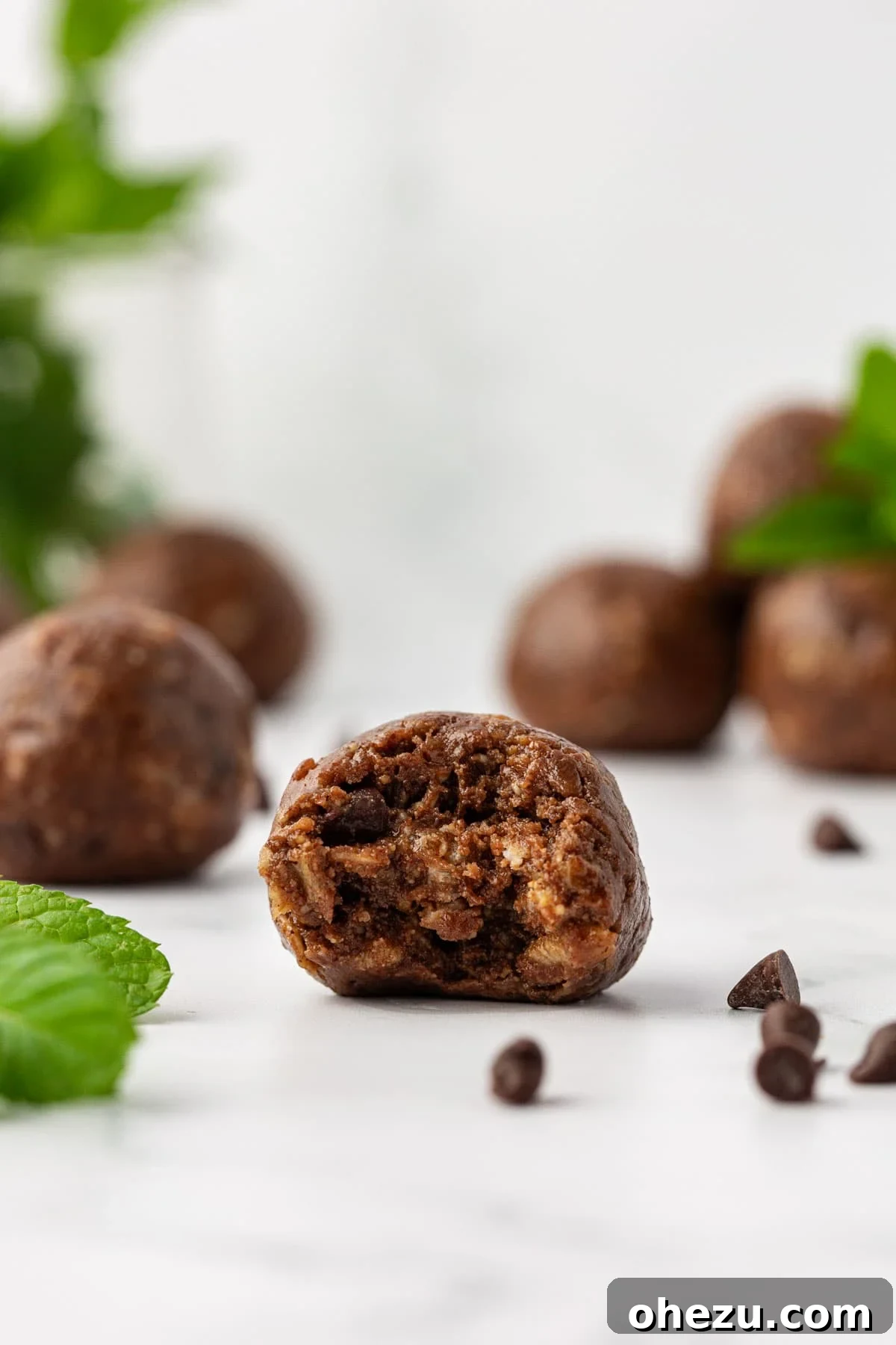 mint chocolate energy bite with a bite taken out