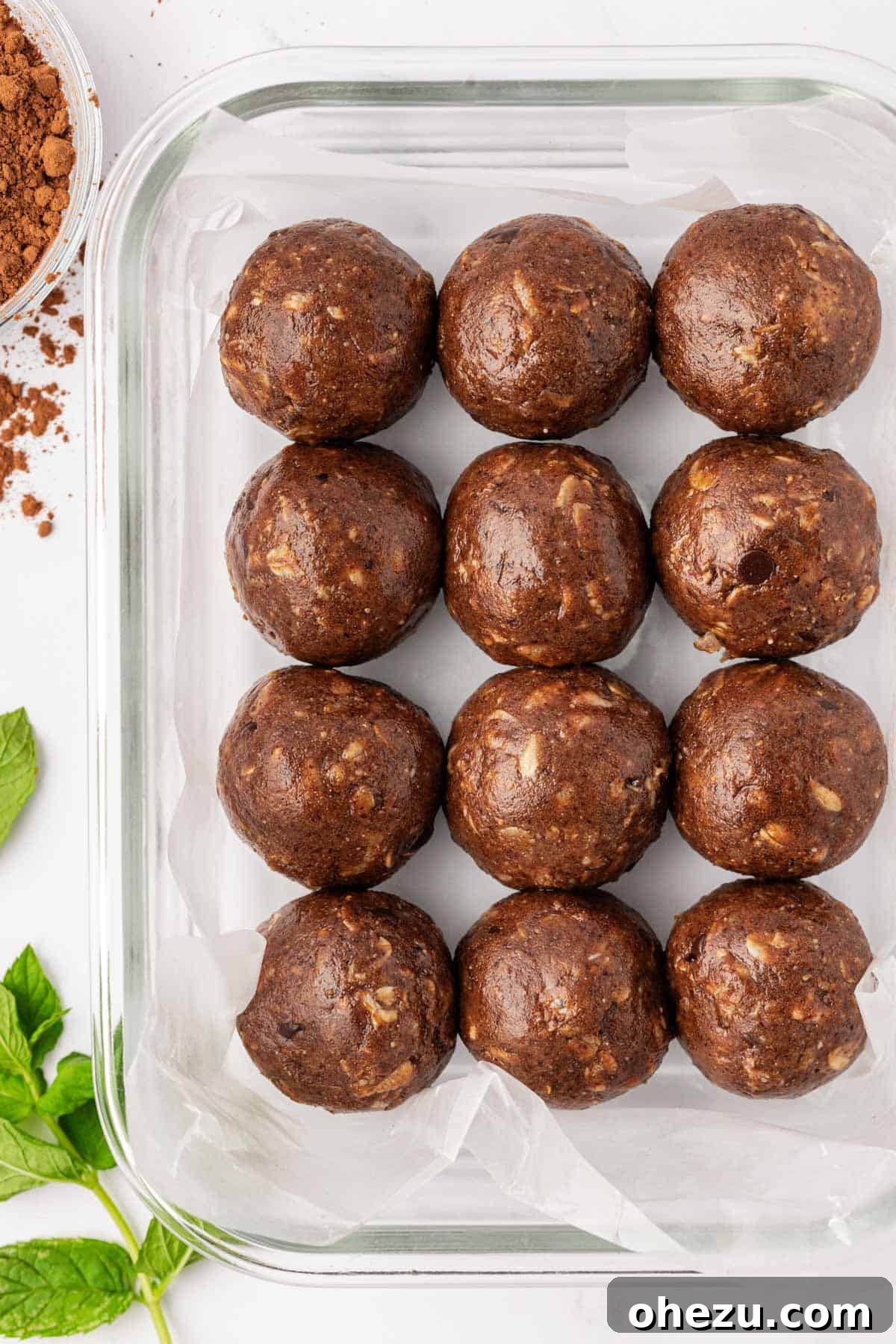 mint chocolate energy bites in a storage container