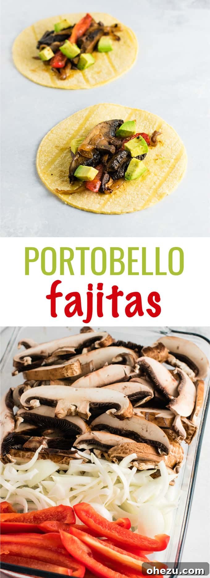 Sizzling Portobello Fajitas 8 Promotional image featuring text 'Portobello Fajitas' against a background of the dish