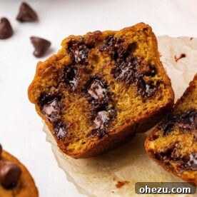 Close-up of a single pumpkin chocolate chip muffin with a perfectly domed top and visible chocolate, showcasing its inviting texture.
