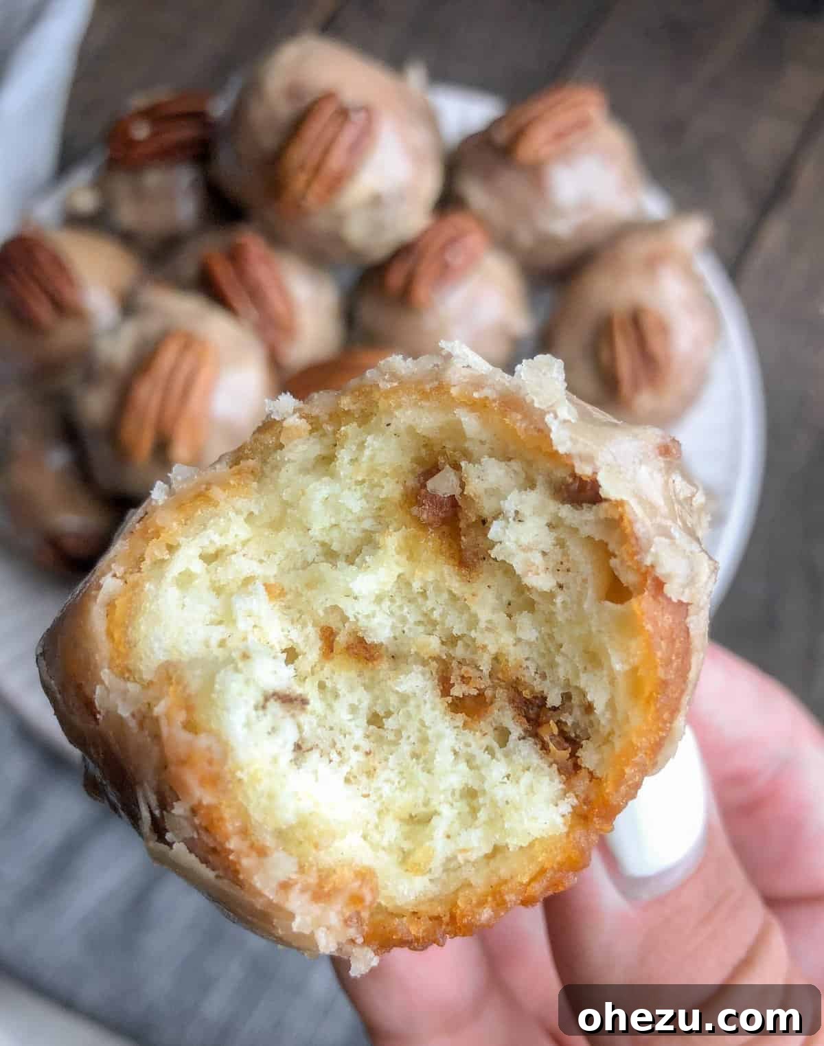 Detailed shot of Pecan Maple Bacon Fritter Bites showing crispy bacon bits and pecans
