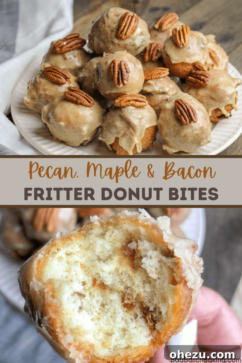Pecan, Maple and Bacon Fritter Donut Bites arranged beautifully on a serving plate