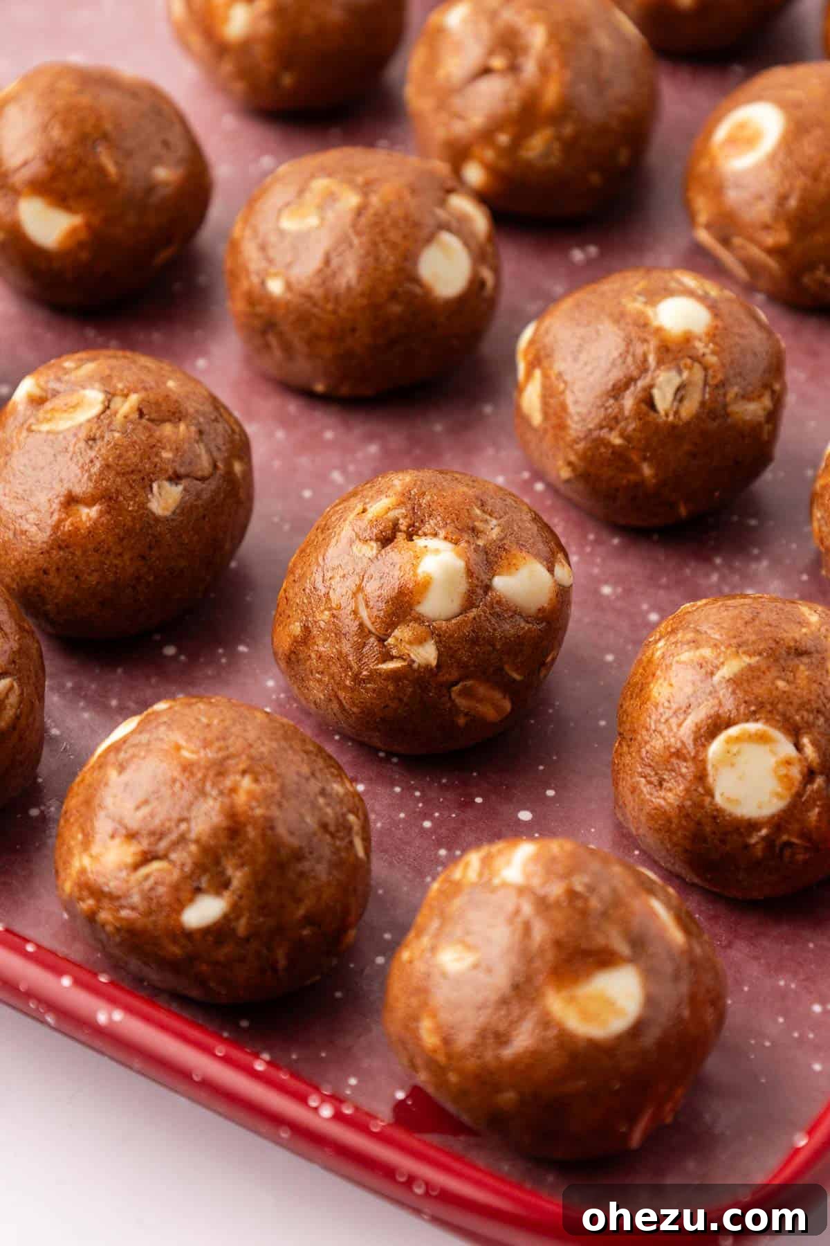 Festive Gingerbread Power Bites 8 A close-up of a gingerbread energy bite, showing its texture and white chocolate chips