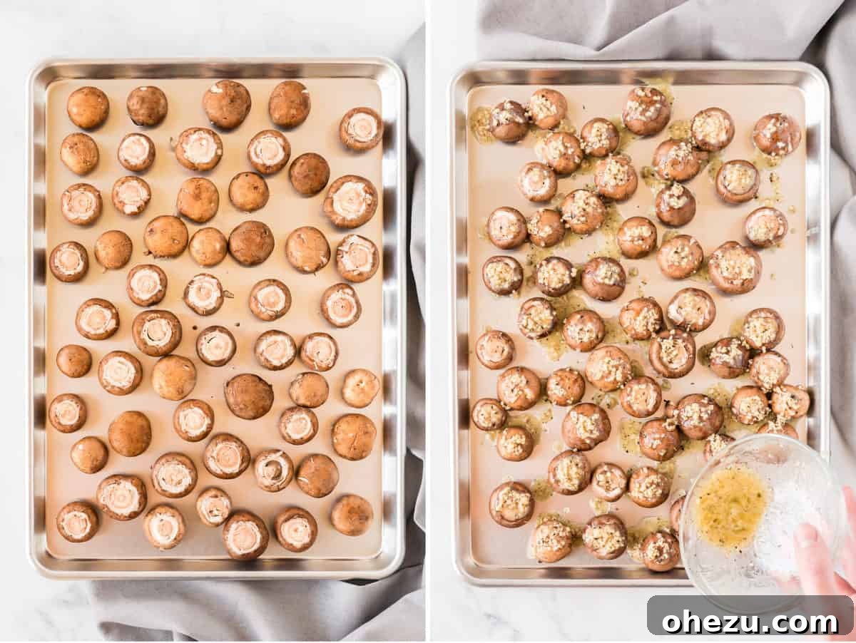 Collage showing clean mushrooms on a baking sheet, followed by melted garlic butter being poured over them.