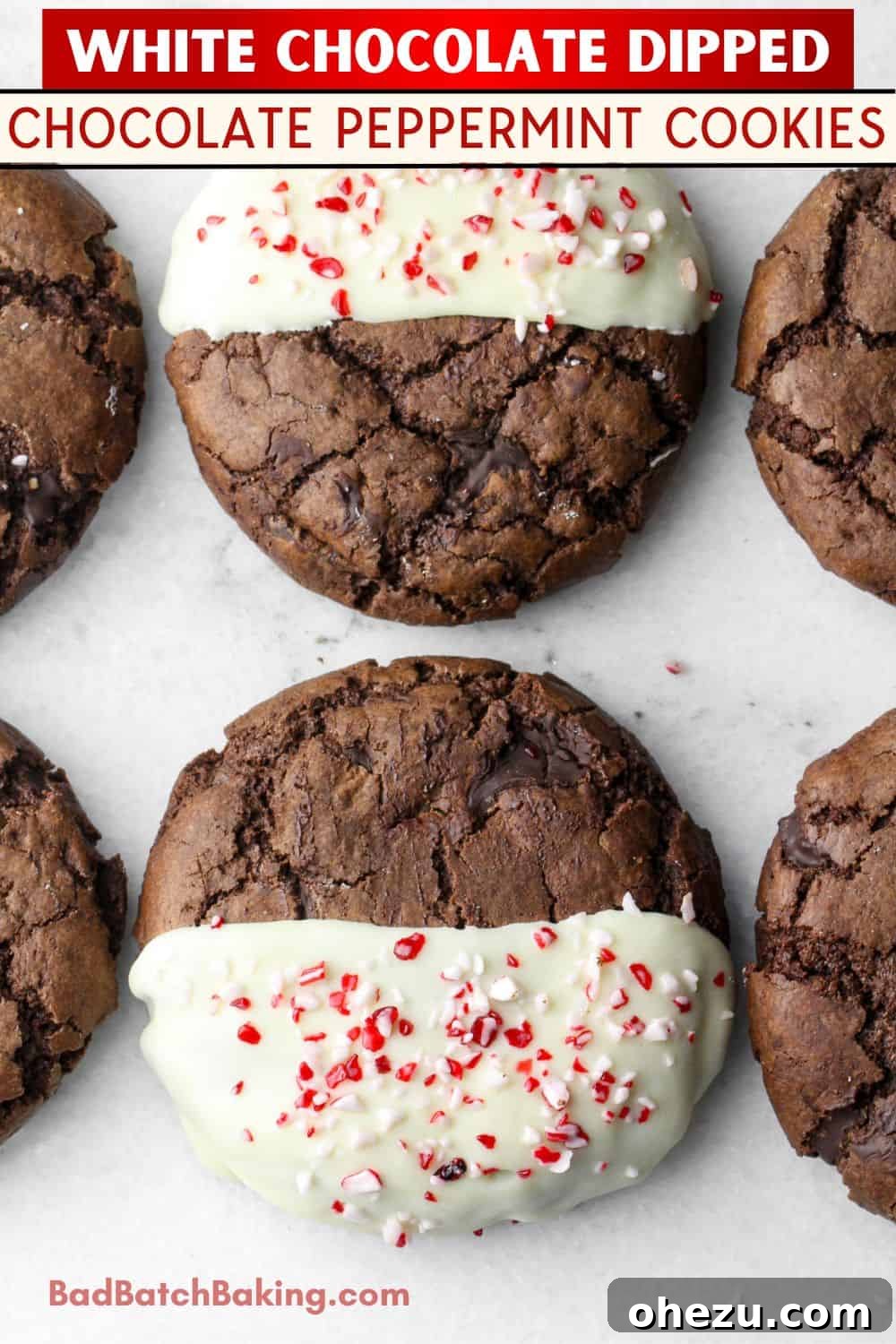 A beautifully composed shot of chocolate cookies dipped in white chocolate and sprinkled with crushed peppermint, perfect for a Pinterest pin.