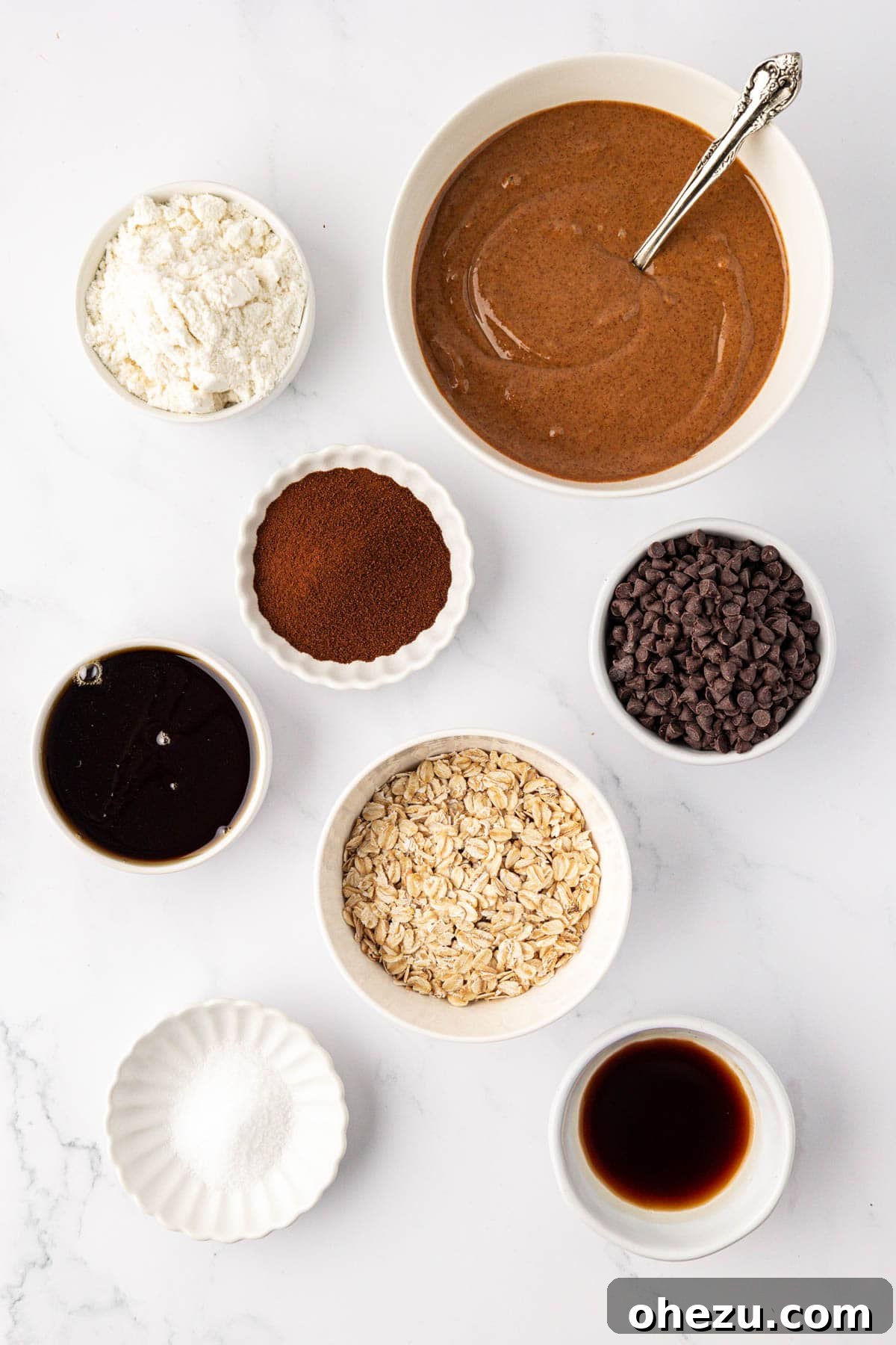 All the raw ingredients laid out neatly before making the espresso energy bites.
