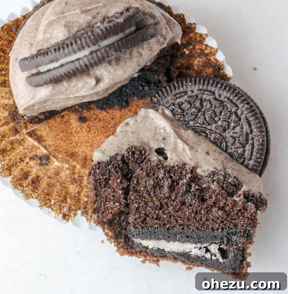 Close-up of Triple Oreo Chocolate Cupcakes, showcasing the rich frosting texture.