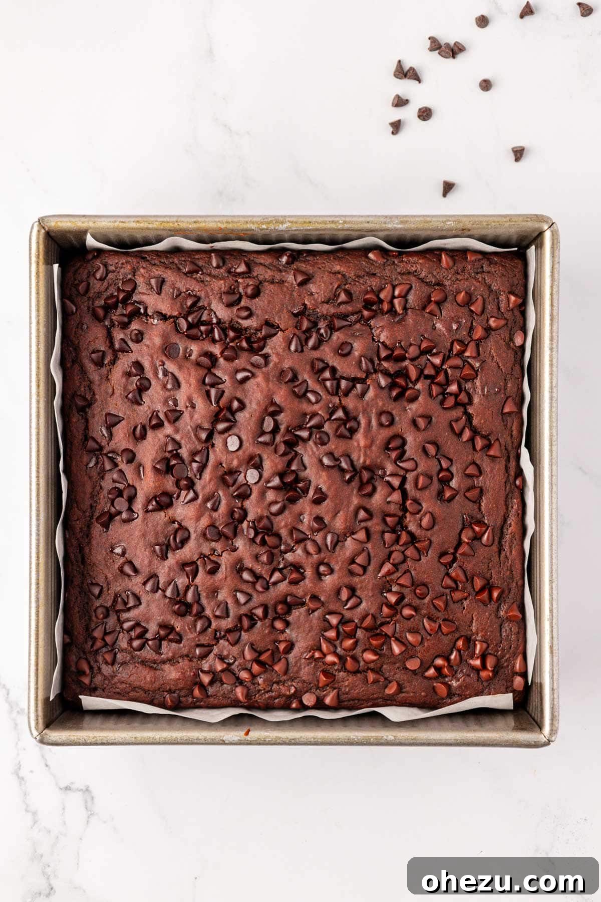 Chocolate snack cake ready to be baked in its pan