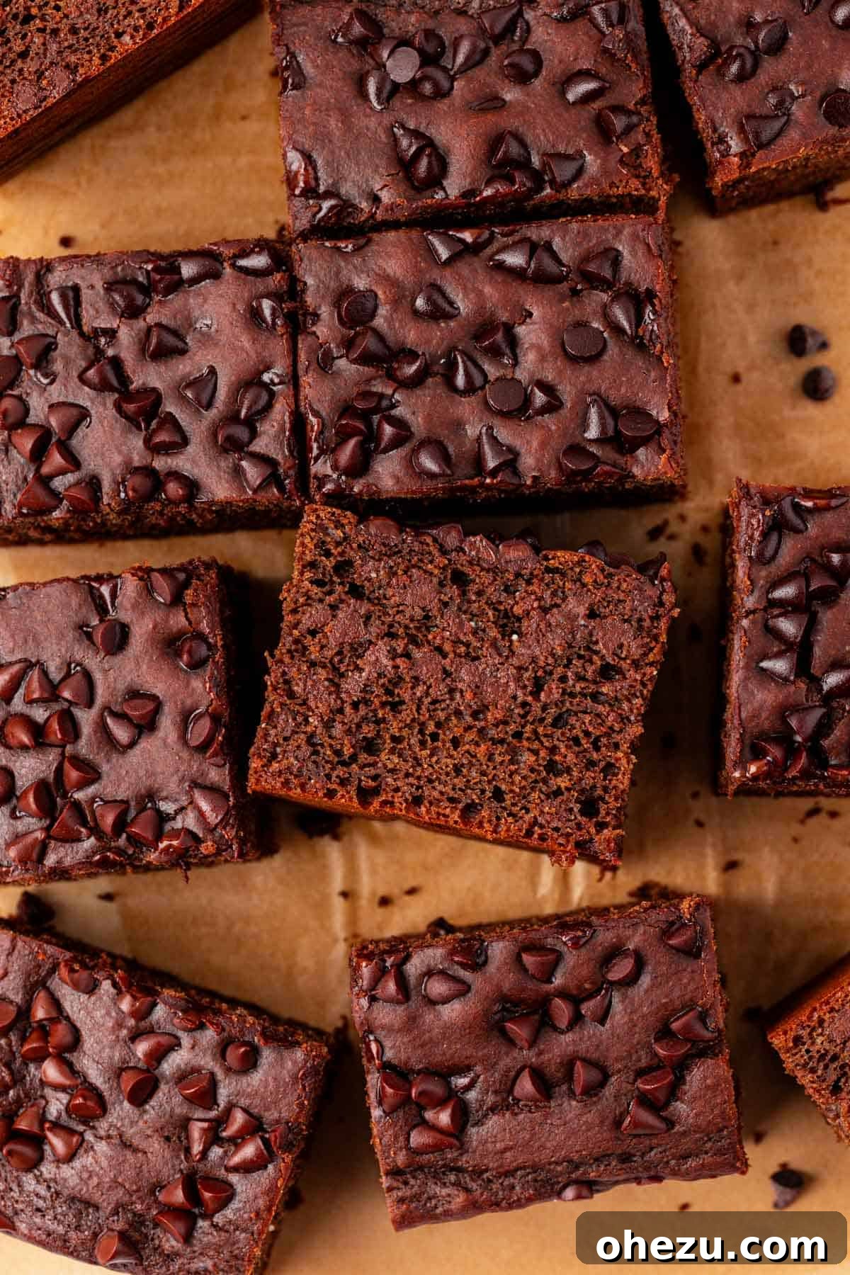 Close-up of a square of chocolate snack cake on a cooling rack