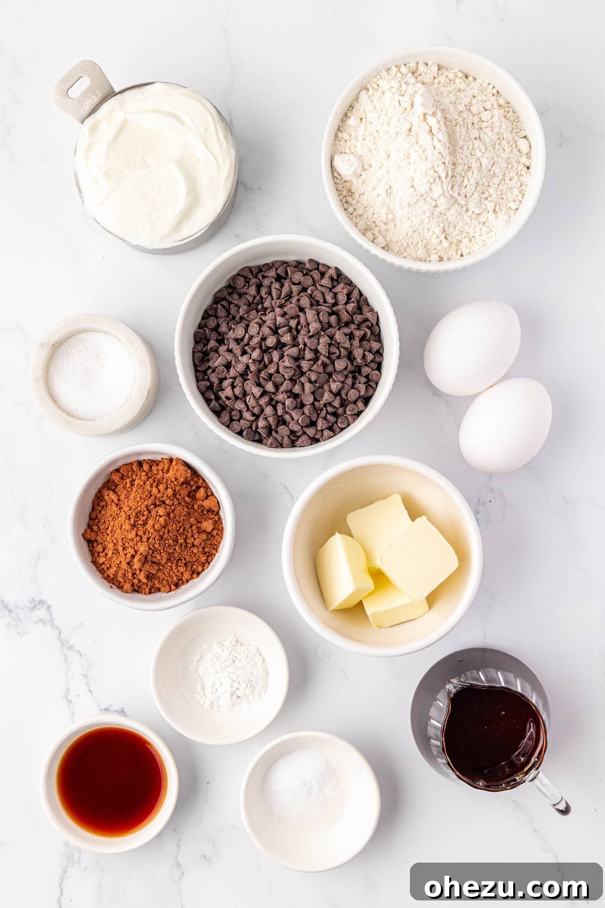 All the fresh ingredients laid out for making chocolate snack cake