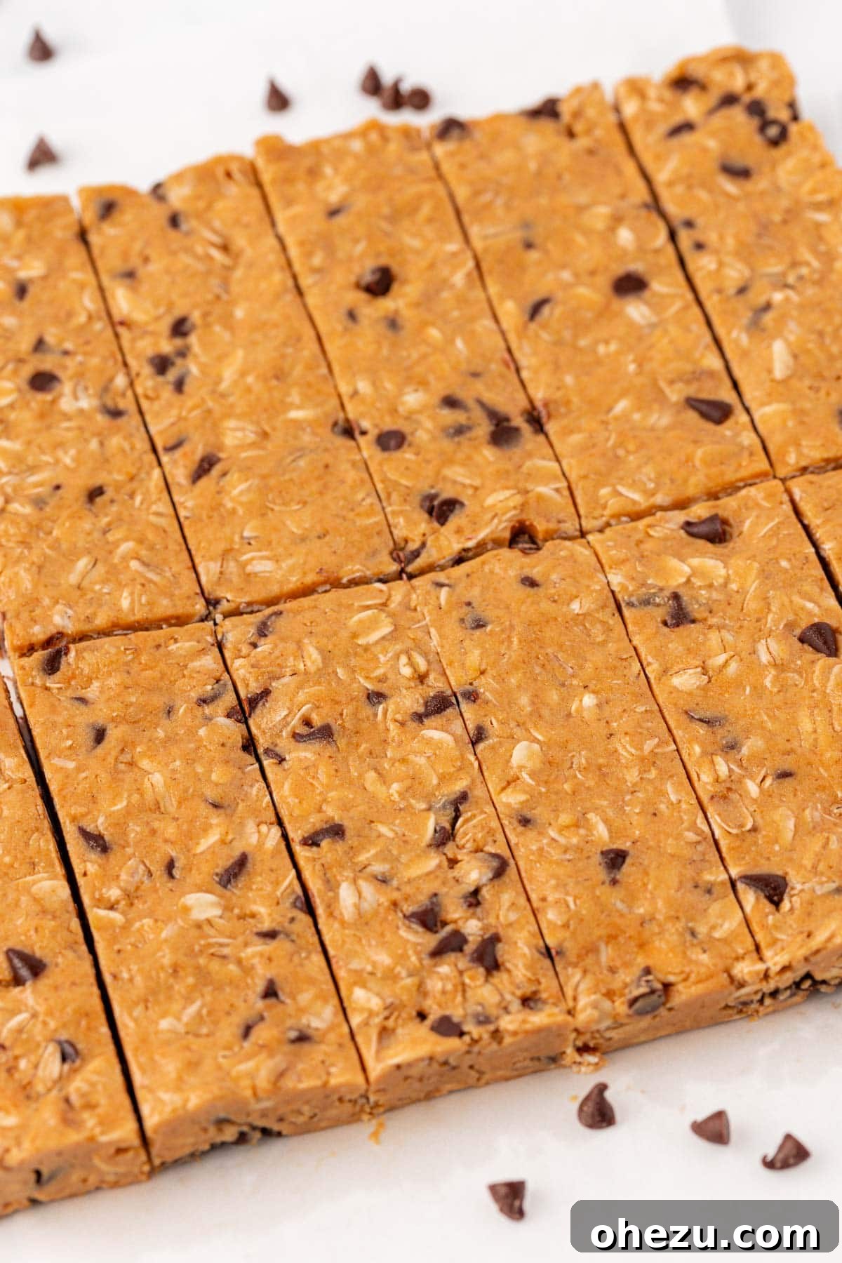 A close-up, artistic shot of two protein granola bars diagonally placed, emphasizing their delicious texture and the visible inclusion of oats and chocolate chips.