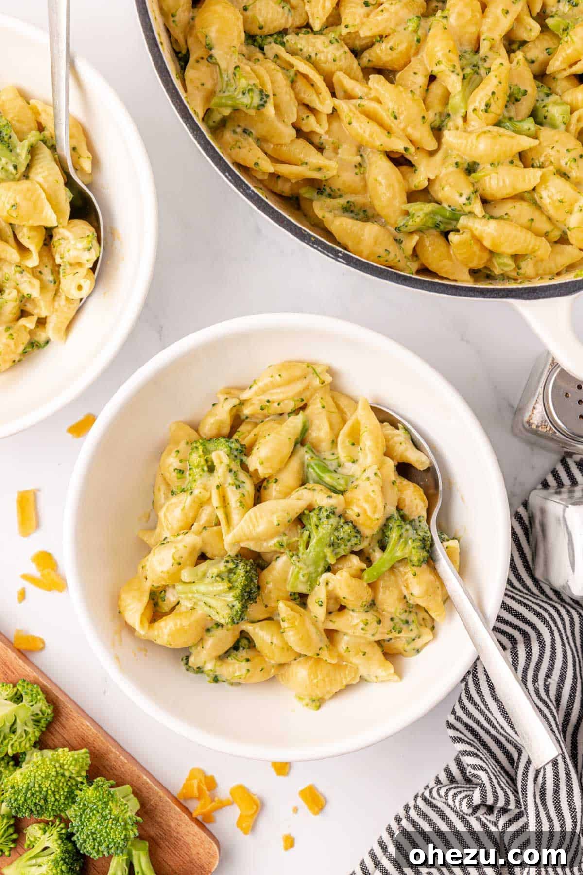 broccoli mac and cheese in a bowl