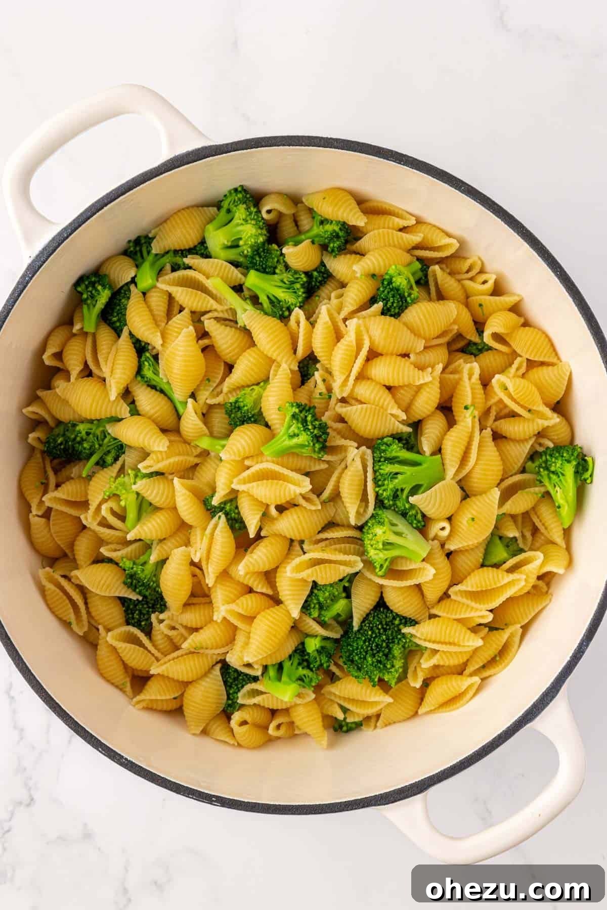 pasta shells and broccoli in a pan
