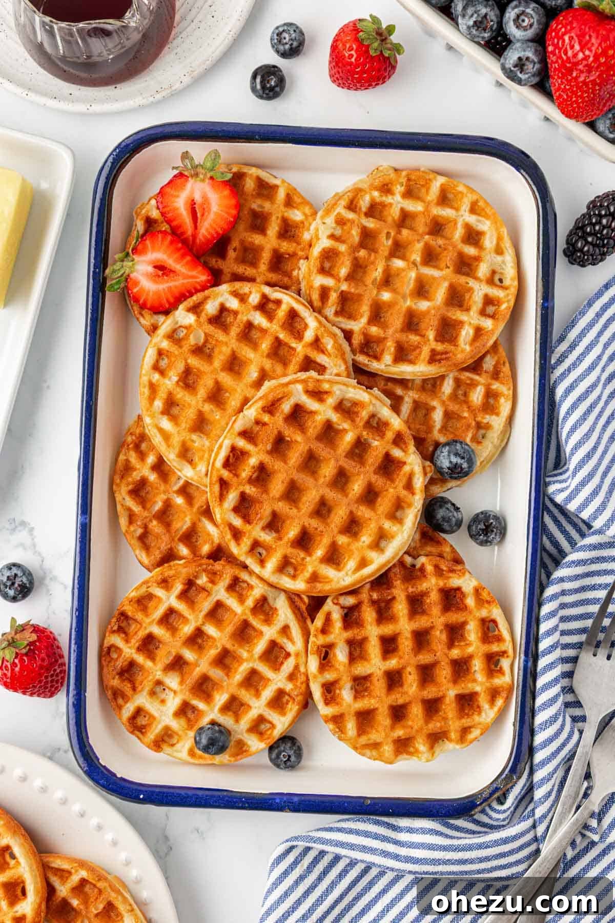 Protein-Packed Greek Yogurt Waffles 15 Close up of a stack of golden brown Greek yogurt waffles