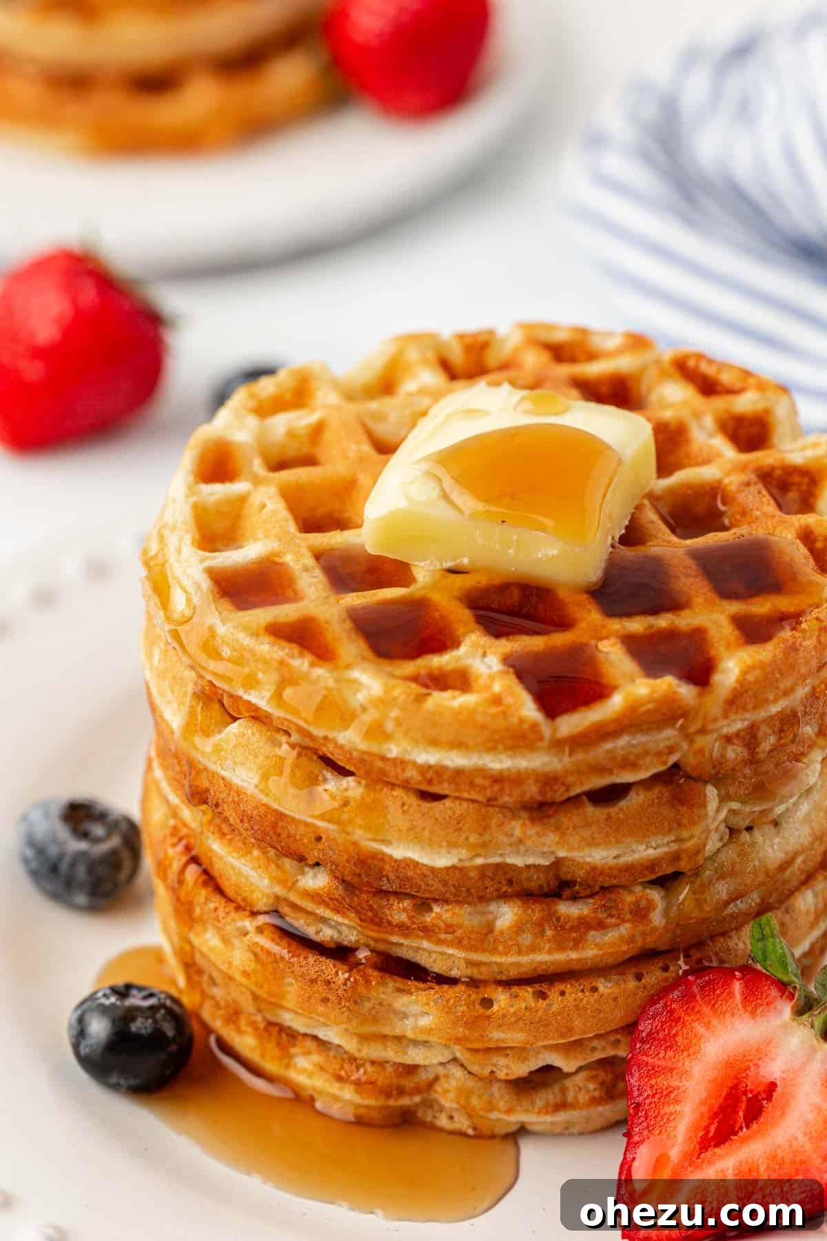 Protein-Packed Greek Yogurt Waffles 17 A close-up view of Greek yogurt waffles, showing their fluffy texture
