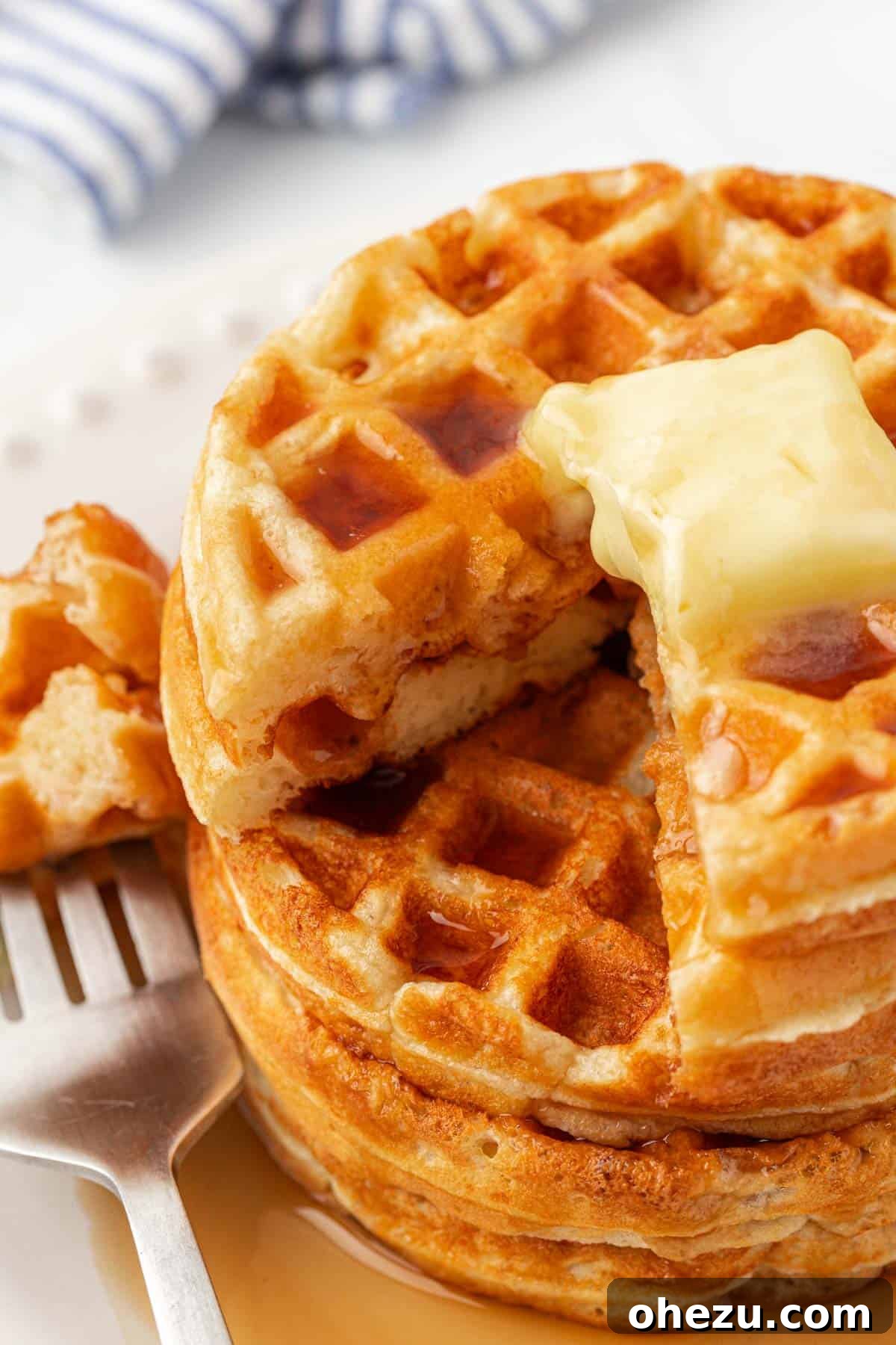 Protein-Packed Greek Yogurt Waffles 18 Greek yogurt waffles drizzled with syrup and topped with a melting pat of butter