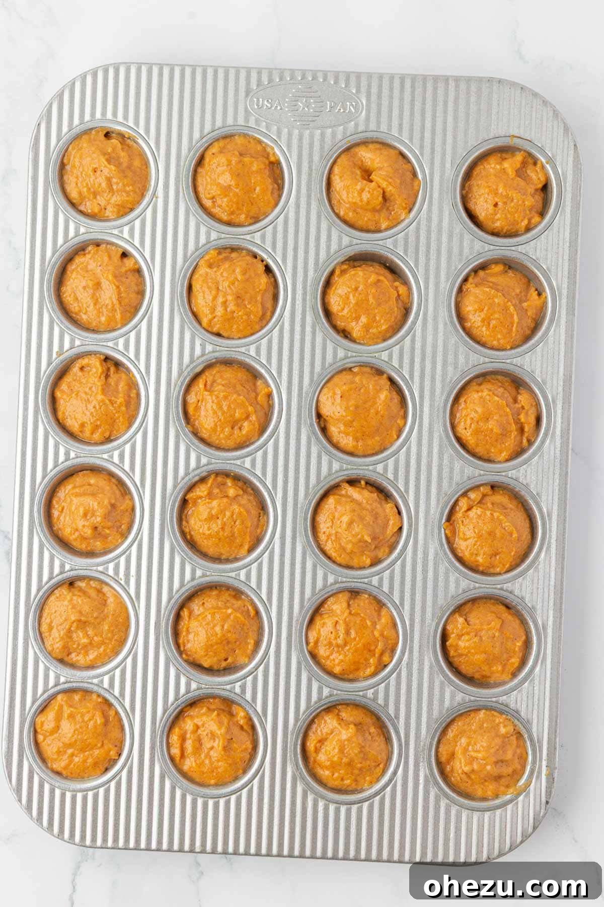 Spiced Pumpkin Donut Bites 11 Mini muffin tin greased and filled with pumpkin muffin batter