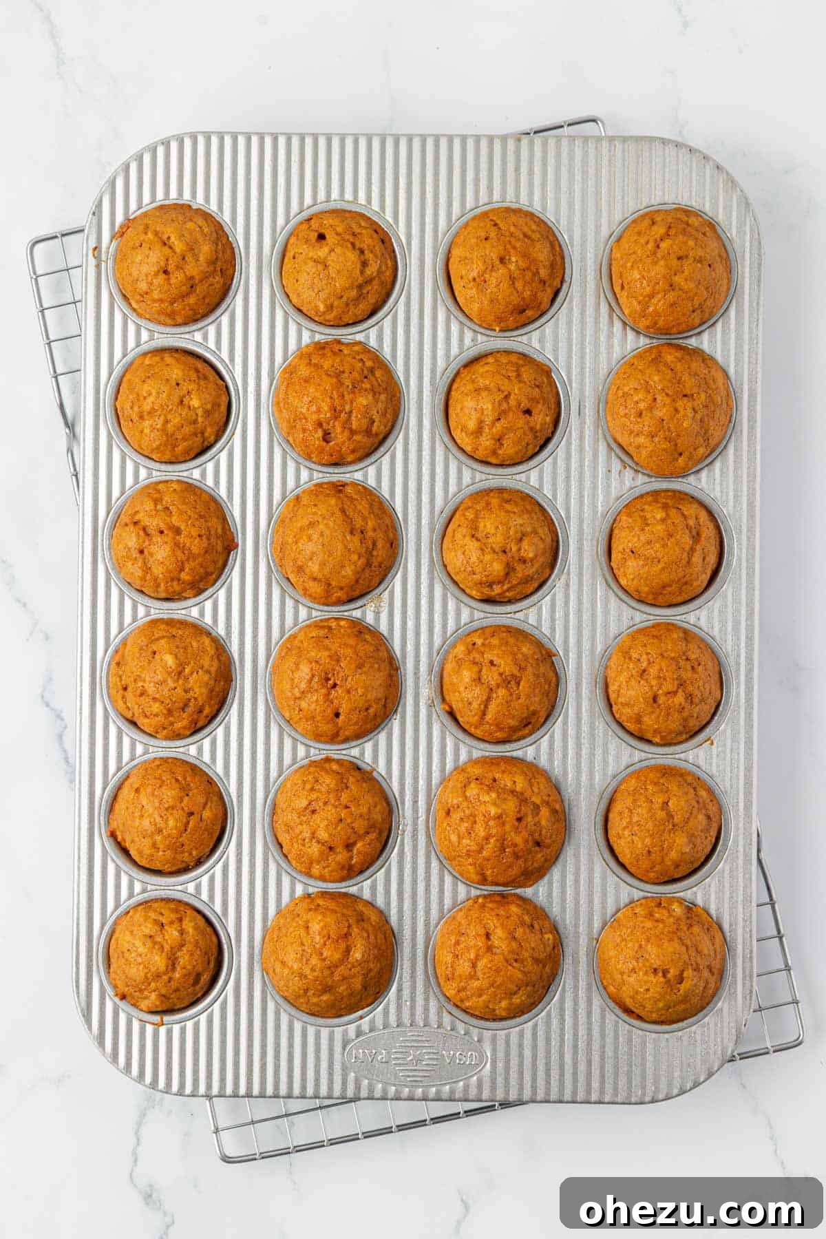 Spiced Pumpkin Donut Bites 12 Close-up of pumpkin donut mini muffins baking in the muffin tin, perfectly risen