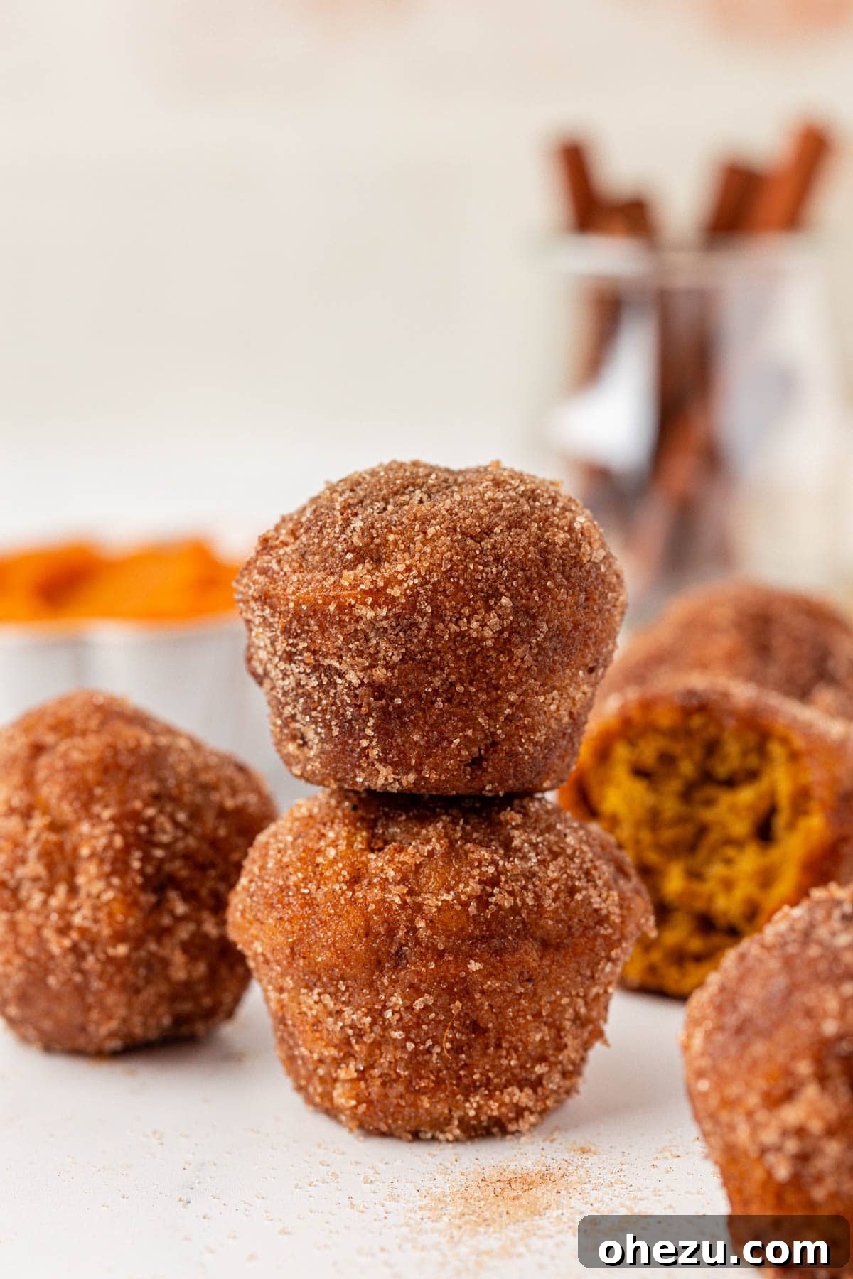 Spiced Pumpkin Donut Bites 3 Close-up of golden brown pumpkin donut mini muffins in a tin, freshly baked and ready for coating