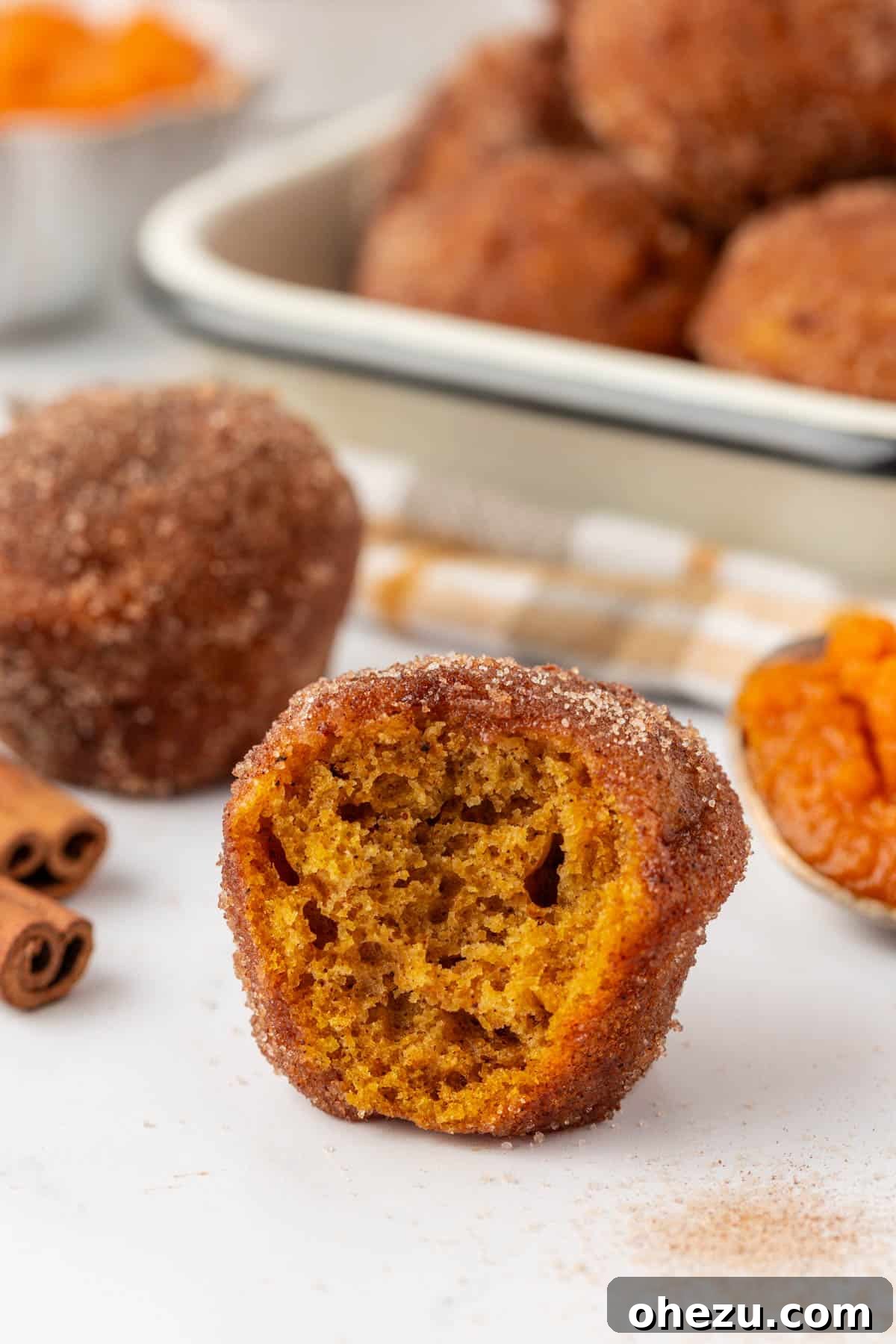 Spiced Pumpkin Donut Bites 21 A small bowl of cinnamon sugar and melted butter next to a plate of fresh pumpkin mini muffins