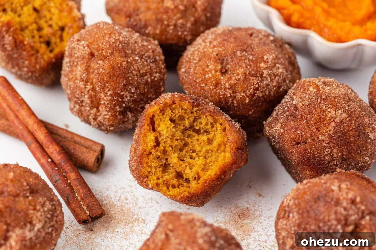 Spiced Pumpkin Donut Bites 22 A beautifully composed shot of multiple pumpkin donut mini muffins on a rustic wooden surface