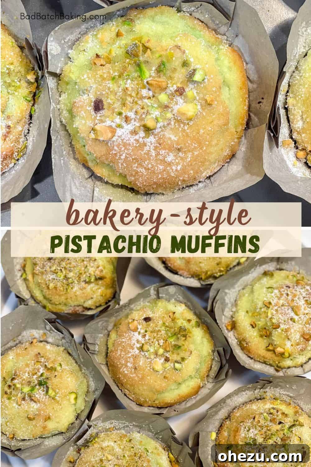 Assortment of bakery style pistachio muffins on a rustic background