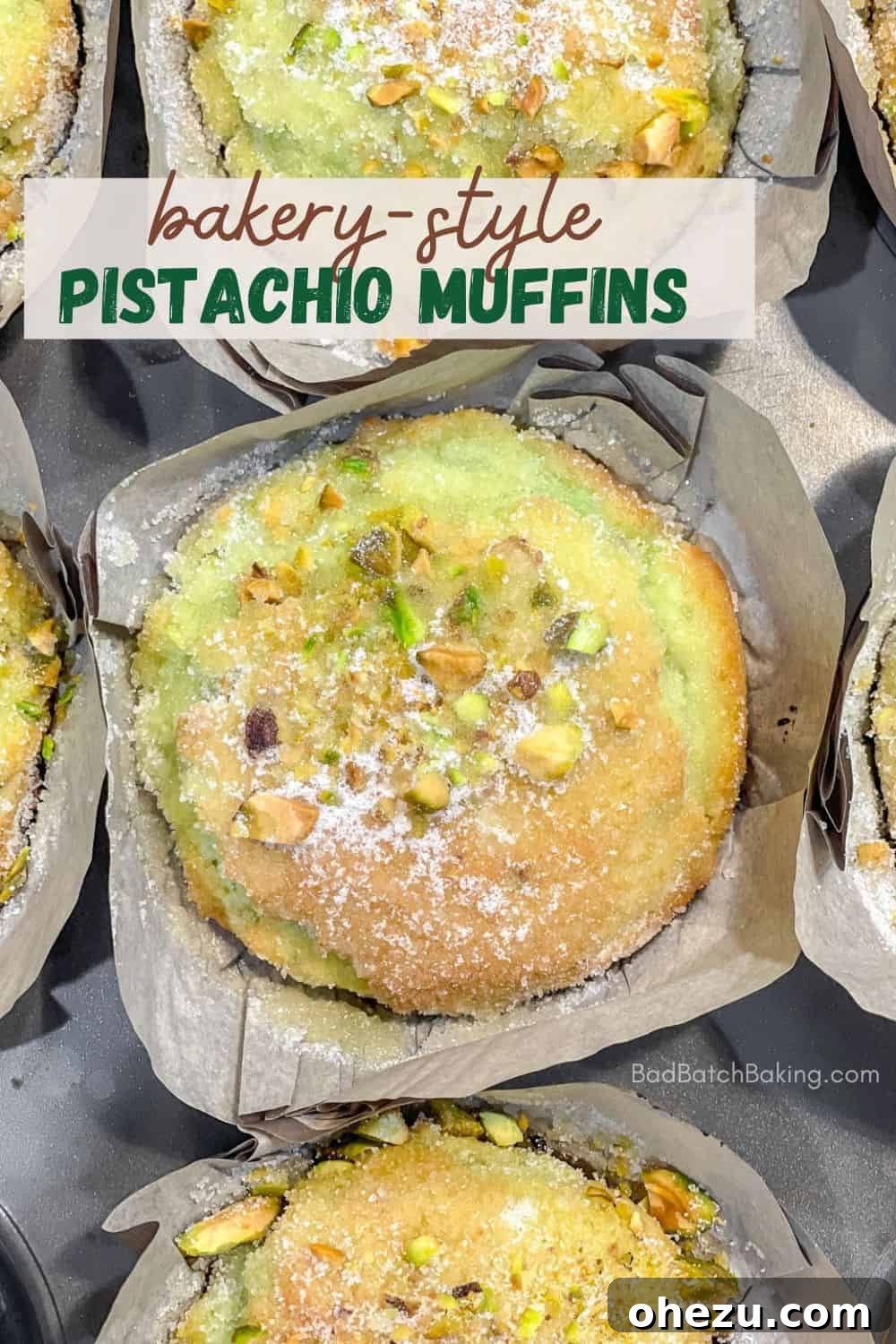 A beautifully arranged plate of bakery style pistachio muffins, ready to serve