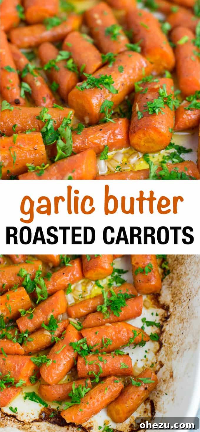 A close-up of a serving of easy garlic butter roasted carrots, emphasizing their inviting golden-brown color and simple preparation.