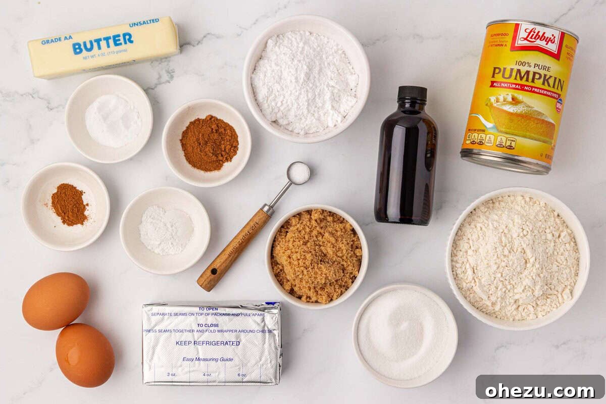 All the necessary ingredients meticulously arranged, poised for the creation of a perfect pumpkin snack cake
