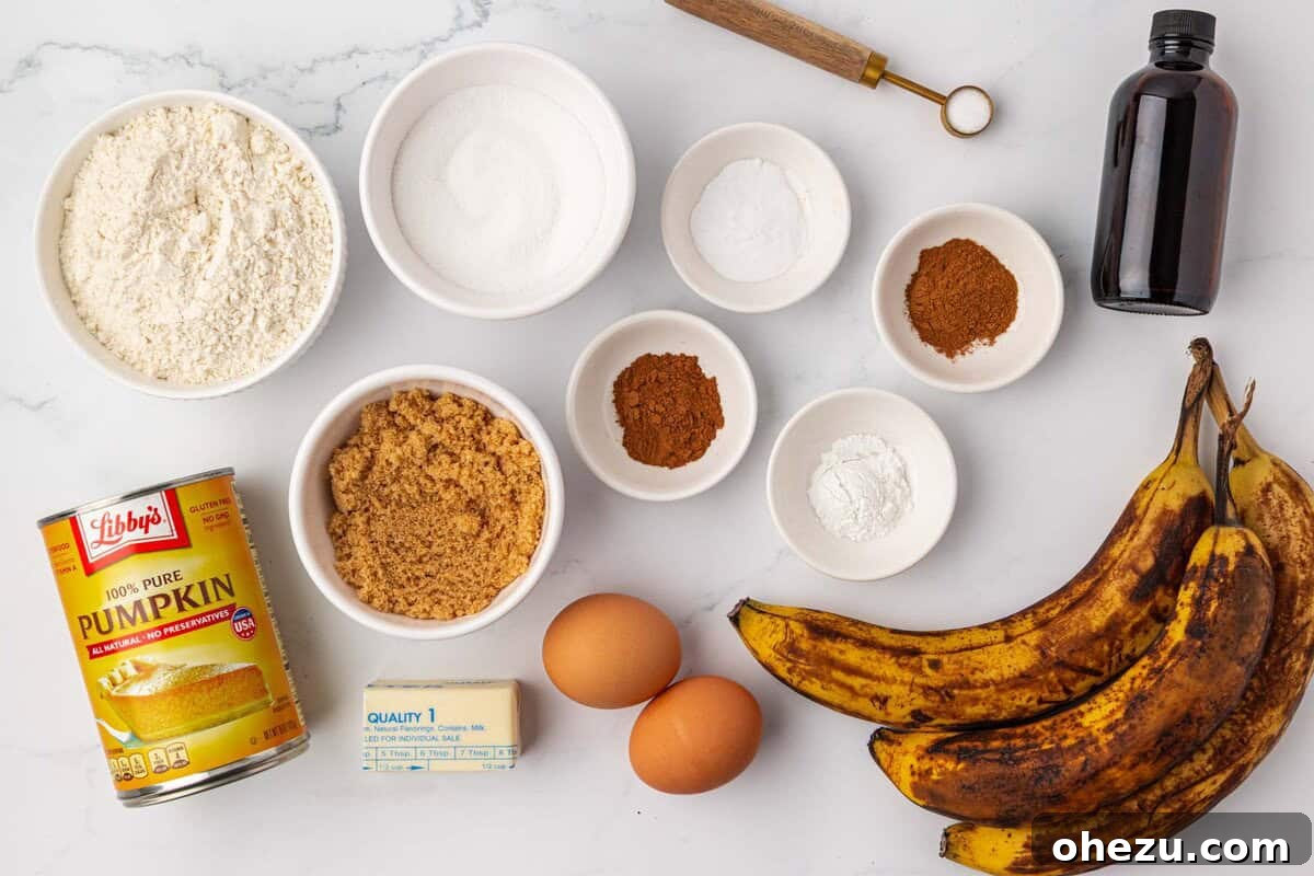 Assortment of fresh ingredients for pumpkin banana muffins on a table