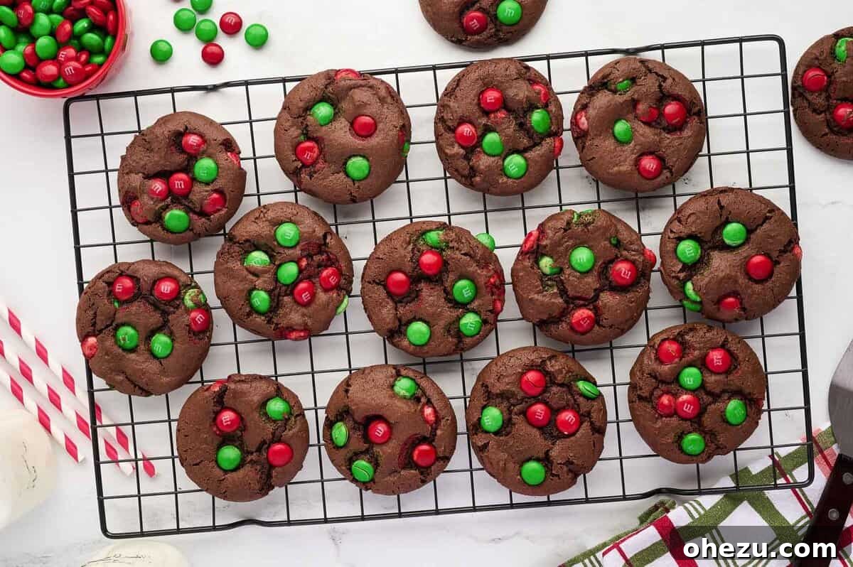 baked chocolate Christmas cookies on a cooling rack