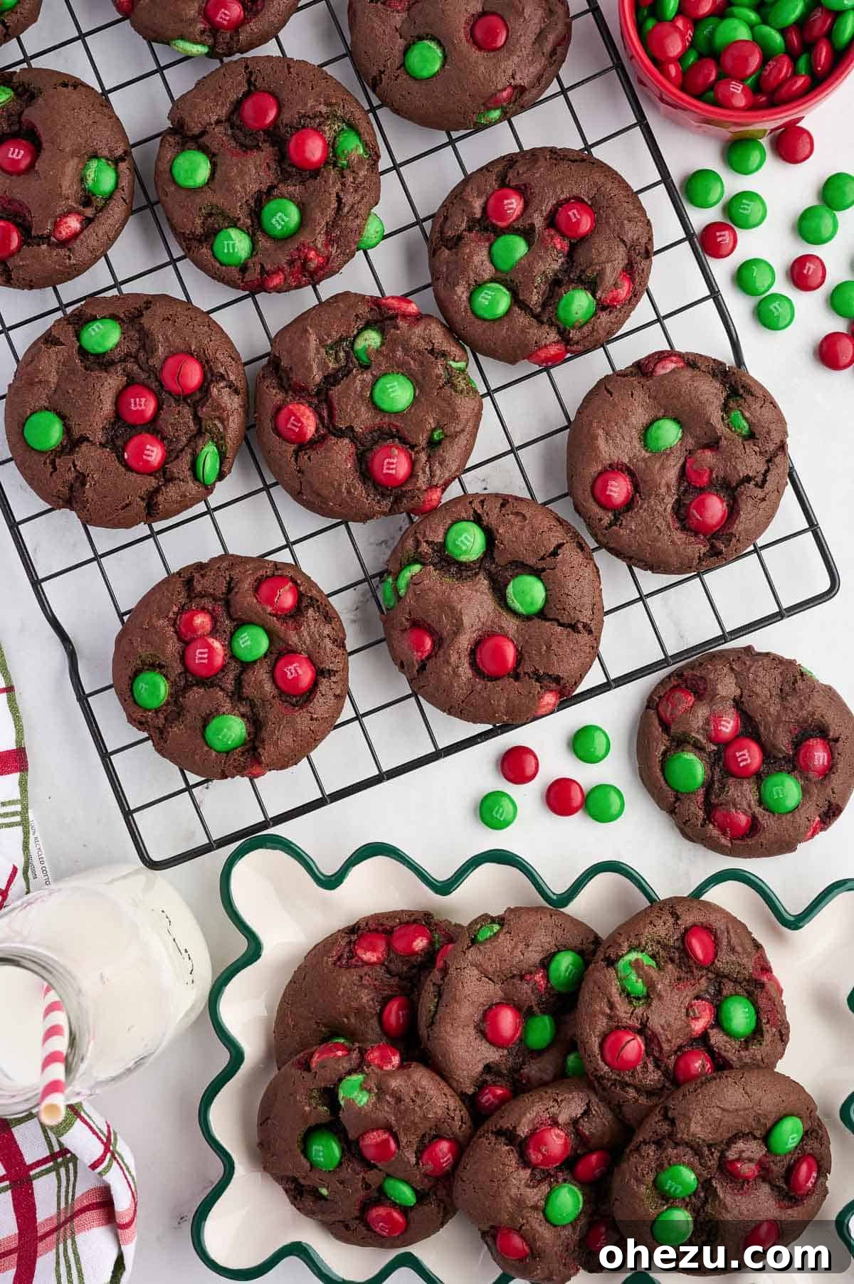 stack of chocolate Christmas cookies with colorful M&M's