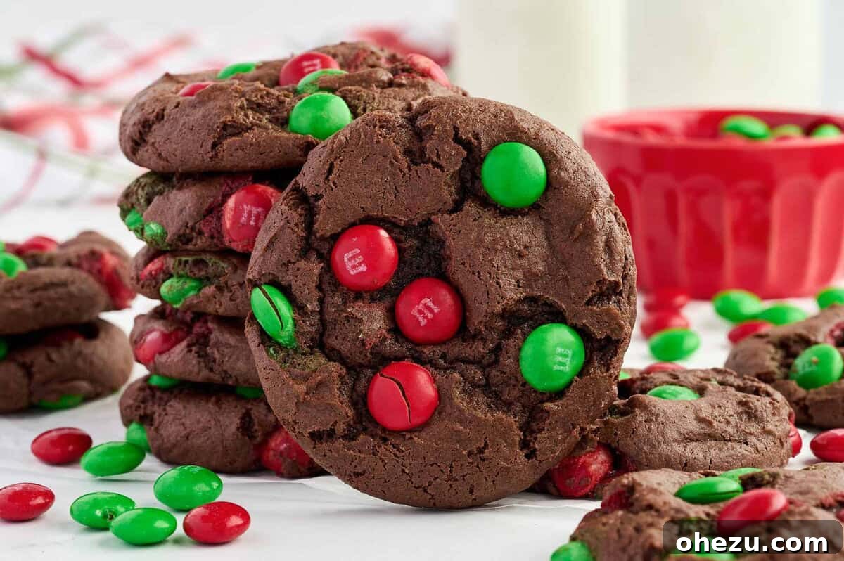 close-up of chocolate Christmas cookies with colorful M&M's