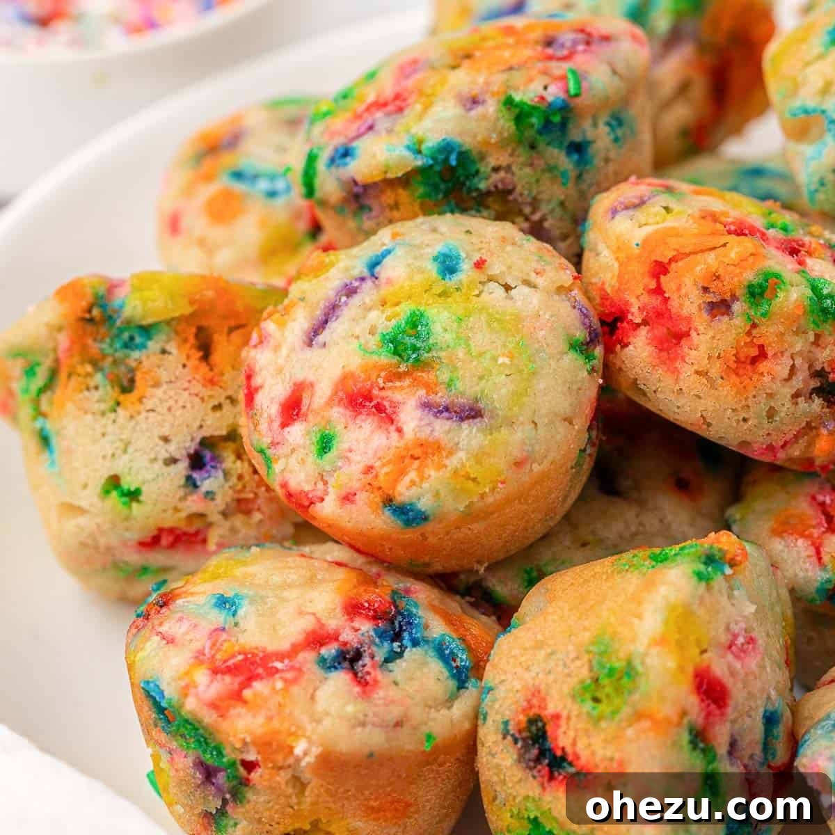Delicious and fun birthday cake mini muffins scattered with colorful sprinkles