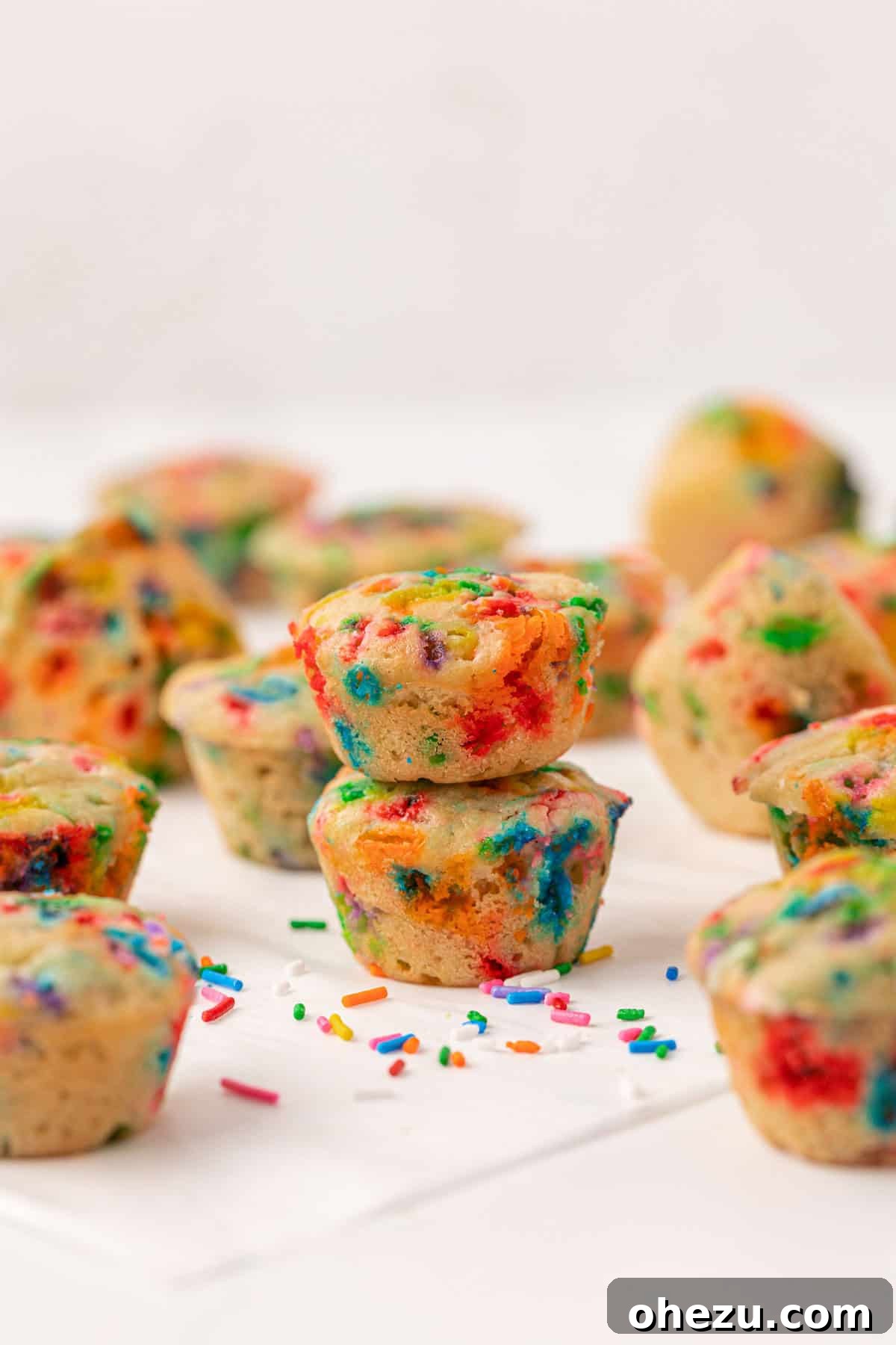 Stacked birthday cake mini muffins on a plate, showing off their perfect size and colorful sprinkles