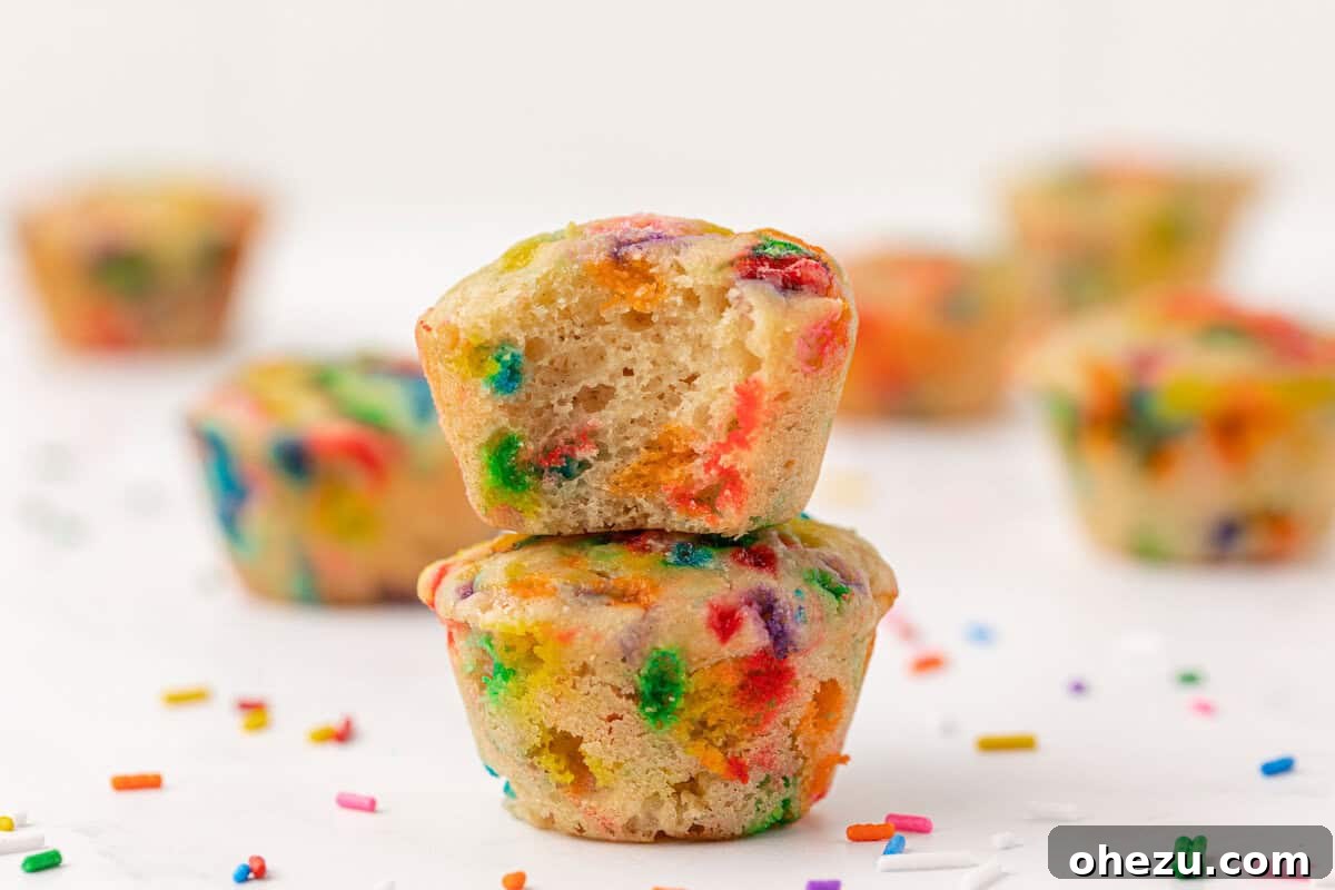 Close-up of baked birthday cake mini muffins with a light and fluffy interior