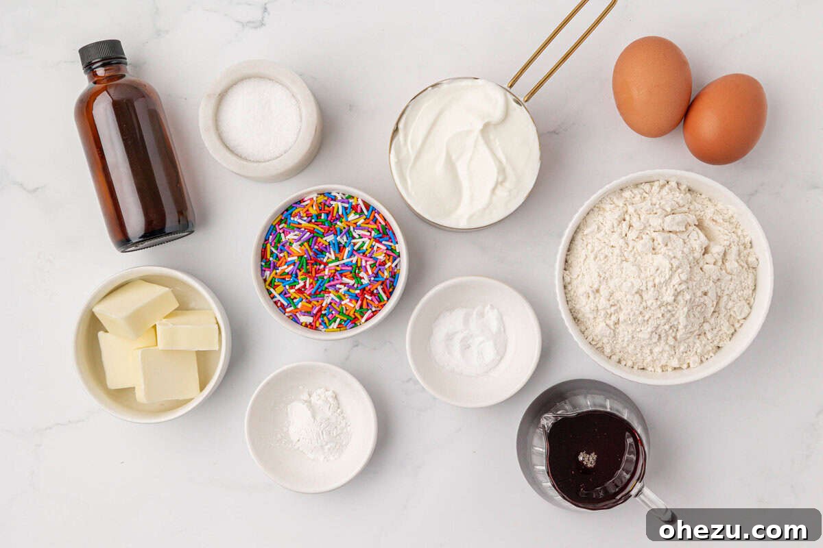 All ingredients laid out for making birthday cake mini muffins including flour, yogurt, butter, eggs, maple syrup, and sprinkles.