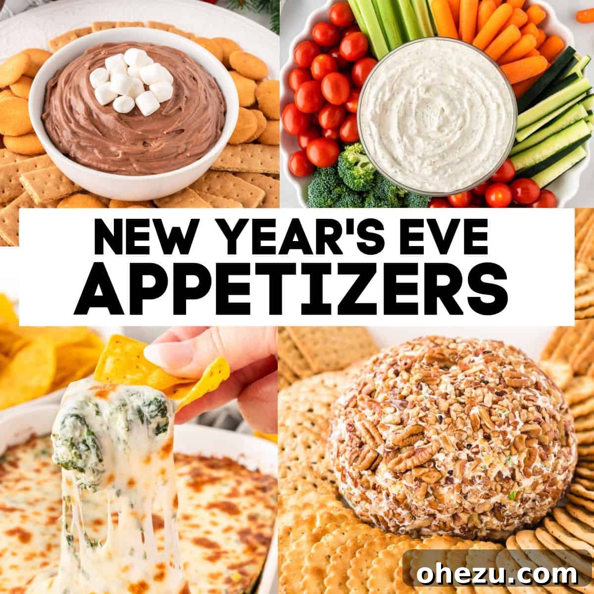 A festive platter of various New Year's Eve appetizers, including dips, chips, and crackers, ready for a celebration.
