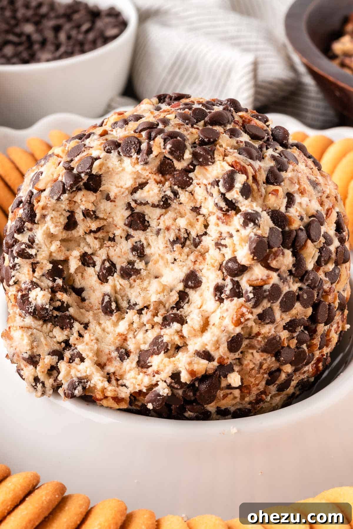 A delightful chocolate chip cheese ball, garnished with mini chocolate chips, surrounded by sweet Nilla Wafers for dipping.