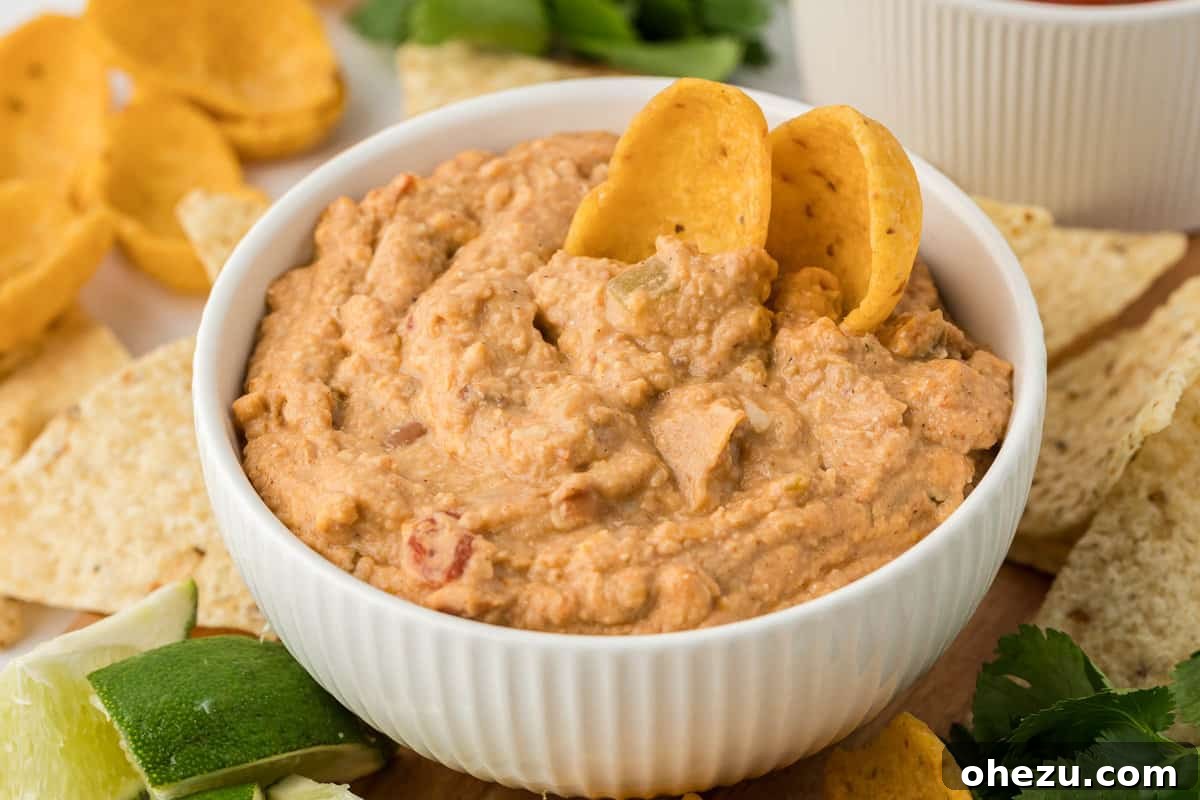 A white bowl filled with creamy bean dip, garnished with cheese, surrounded by crispy tortilla chips.