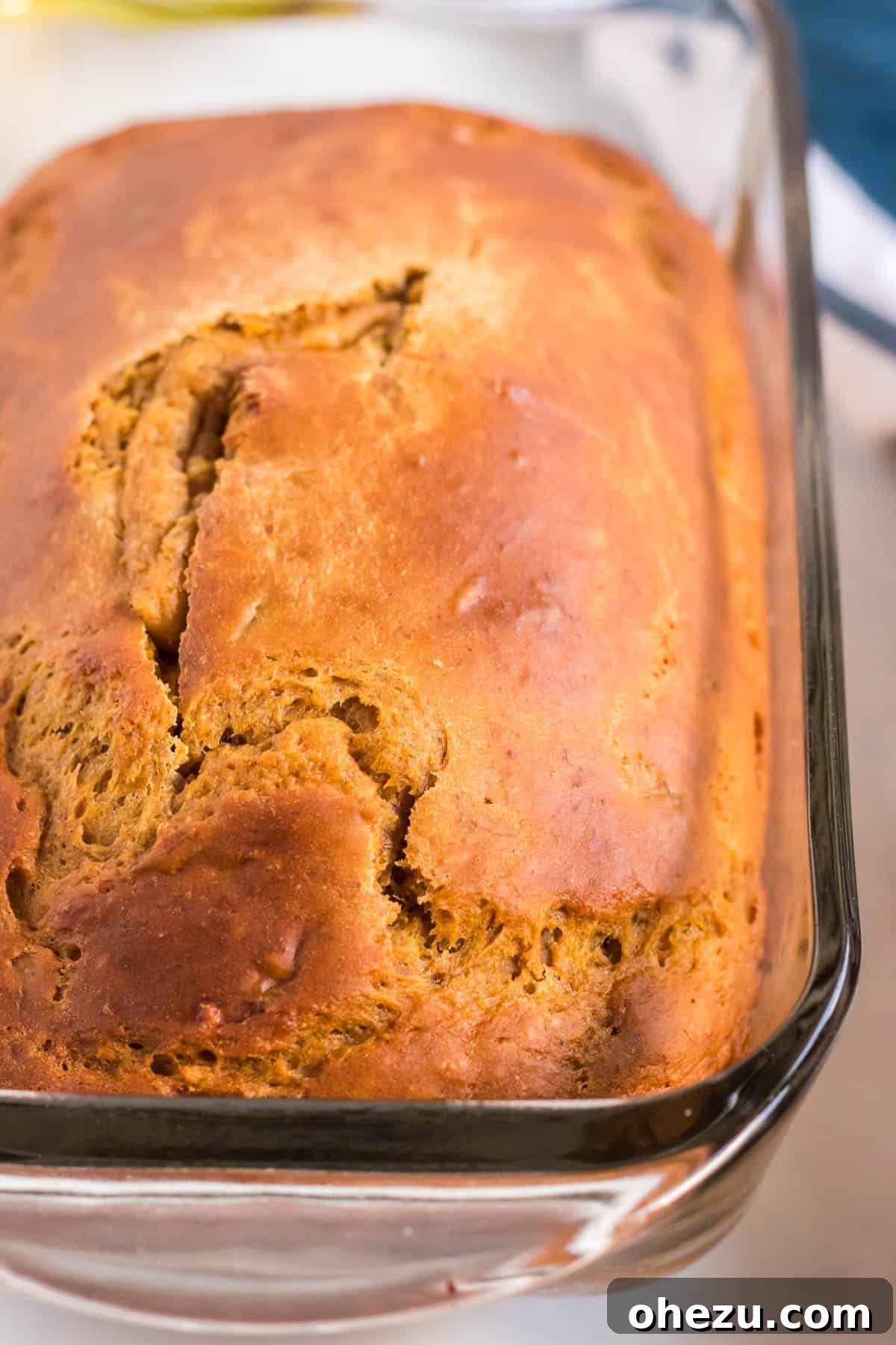 The entire baked pumpkin banana bread loaf, still in its pan, showcasing its beautiful golden-brown crust.