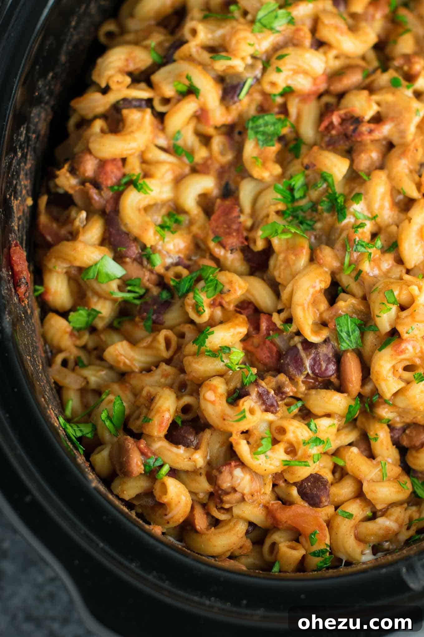 Slow cooker vegetarian chili mac in a large crock pot