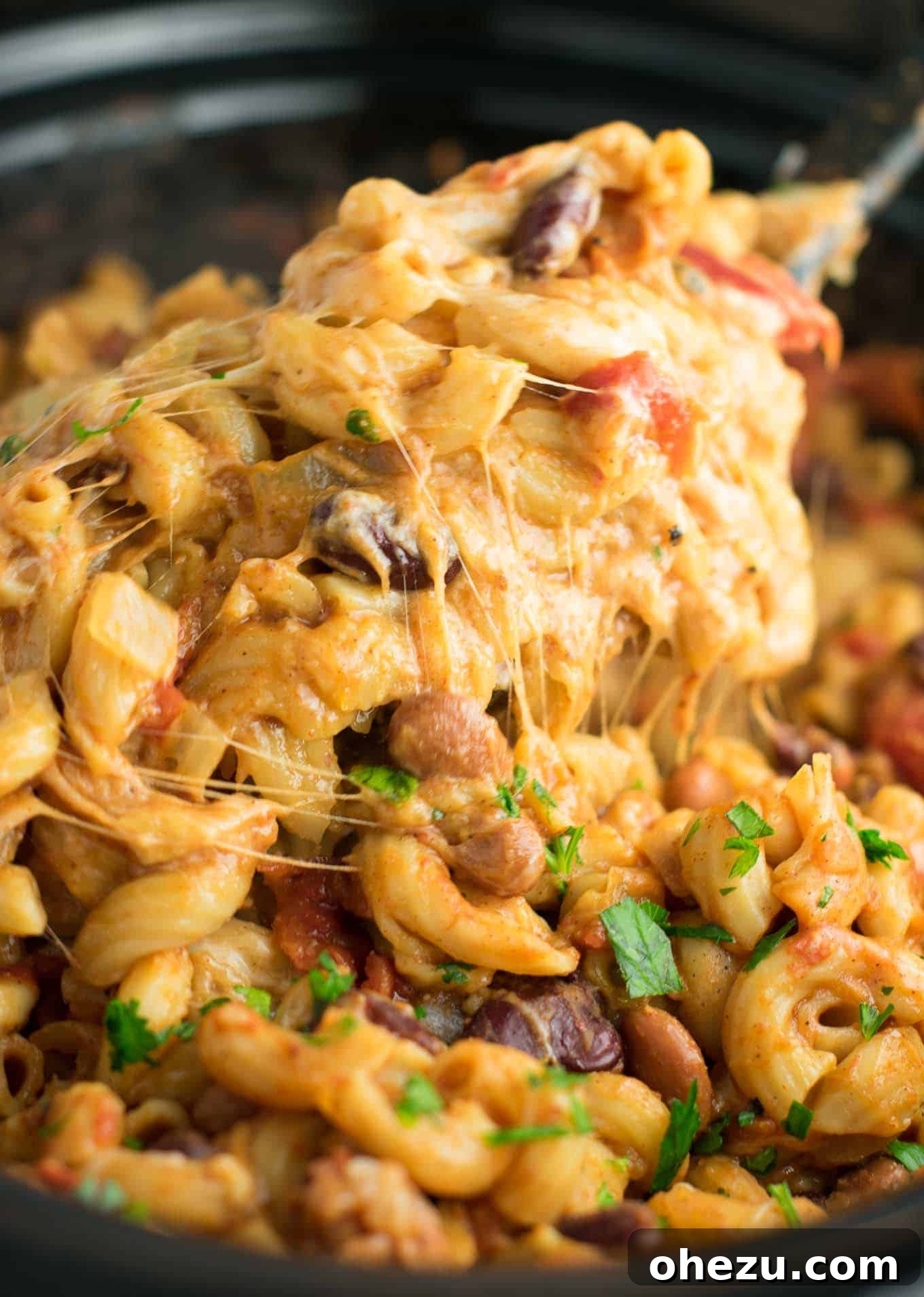 The Slow Cooker Vegetarian Chili Mac Recipe, showing the convenience of cooking everything in one pot