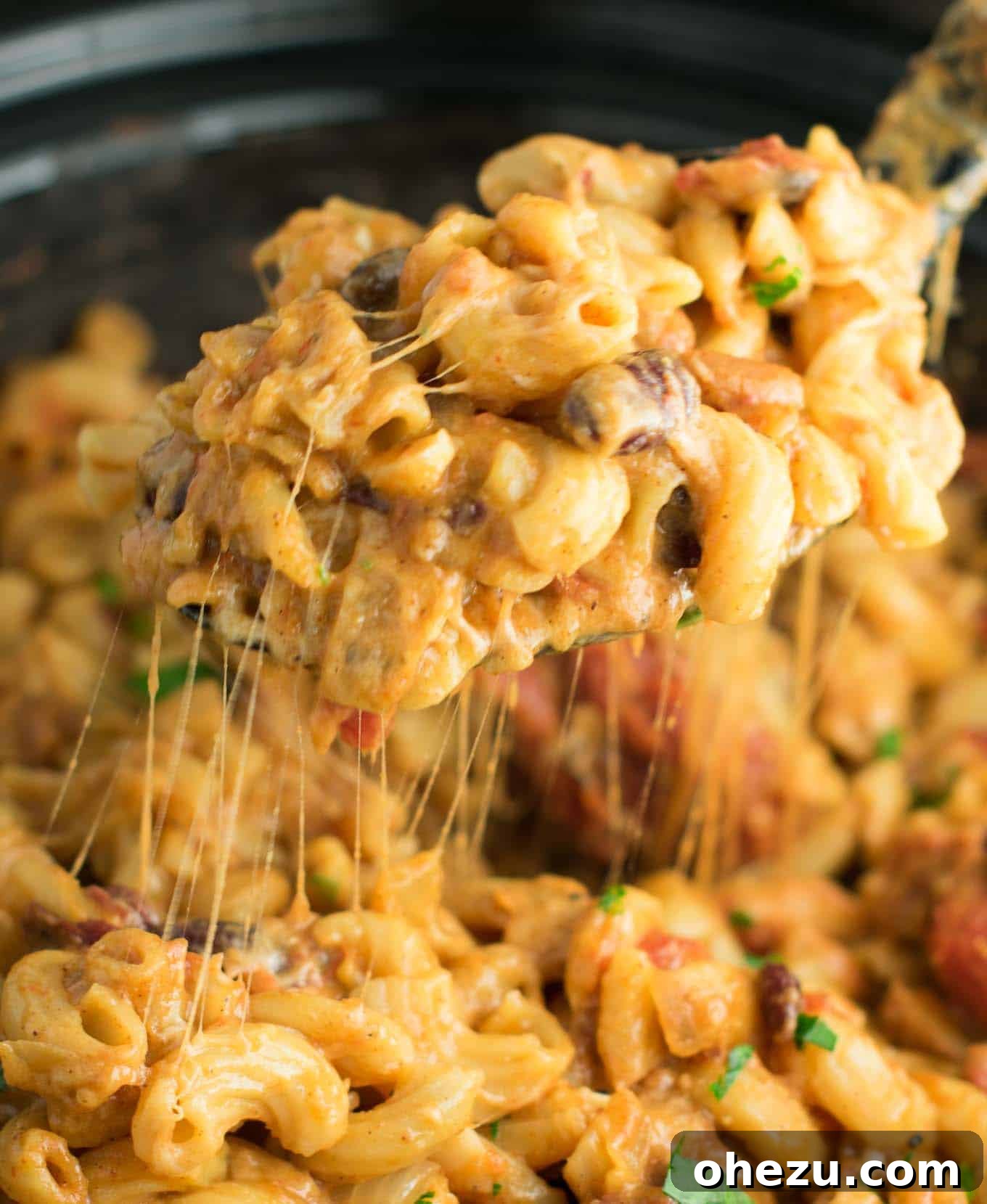 Vegetarian chili mac simmering in the slow cooker